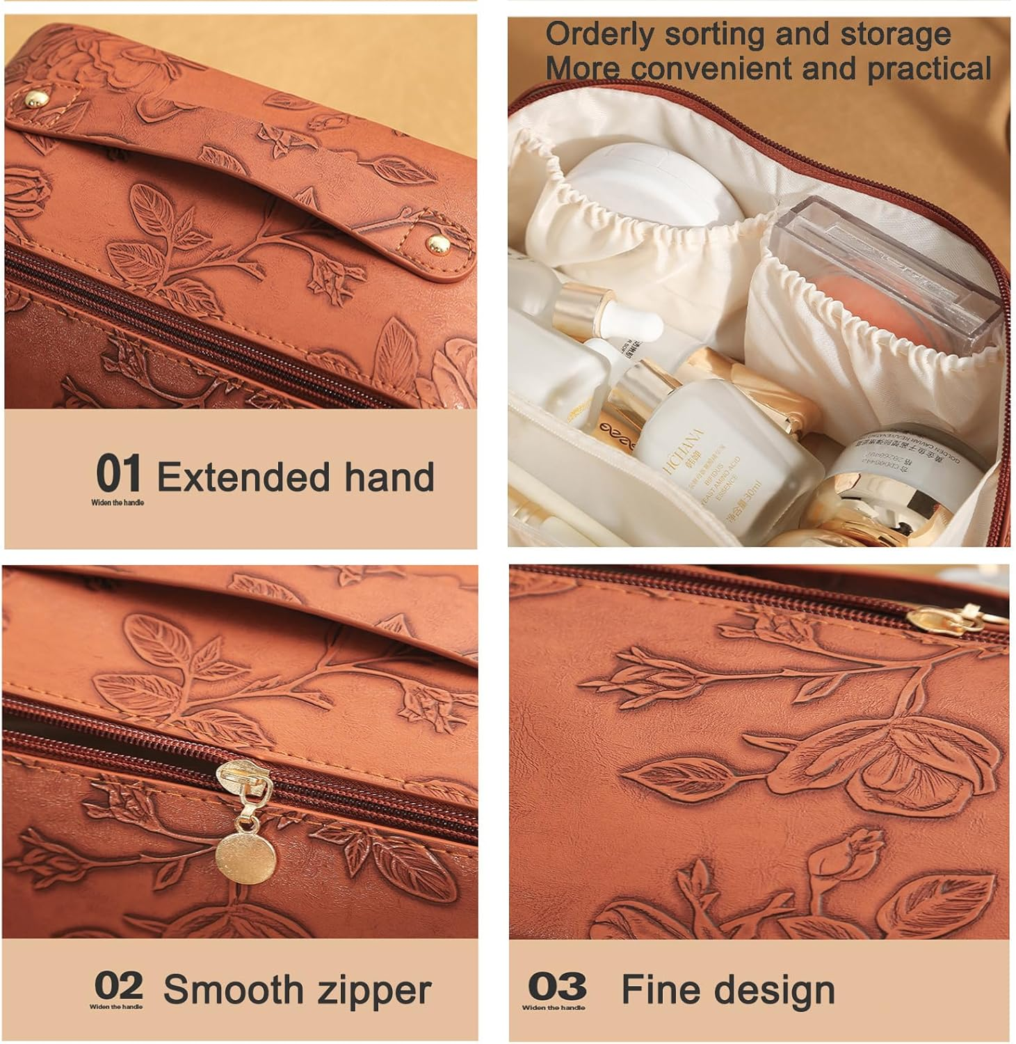 Travel Makeup Bags Cosmetic Organizer Bag,Large Capacity PU Leather Toiletry Bag for Women - Wide Open Portable Pouch with Divider & Handle (Black) - Black image number 3