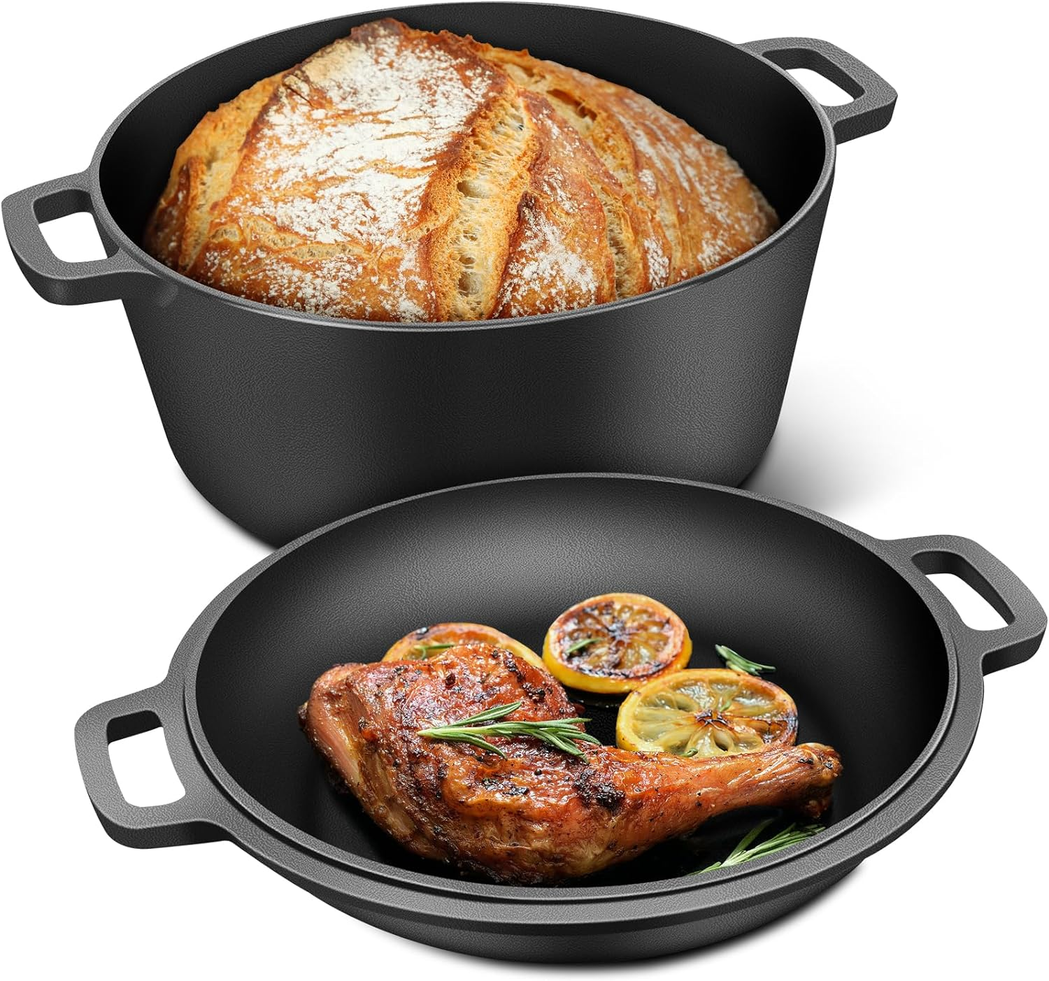 RAINBEAN 2-In-1 Pre-Seasoned Cast Iron Dutch Oven Pot with Skillet Lid Cooking Pan,5.5 QT Dual Handles Dutch Oven Pot with Lid,Heavy-Duty Non-Stick round Dutch Oven for Bread Baking, Stewing, Roasting image number 3