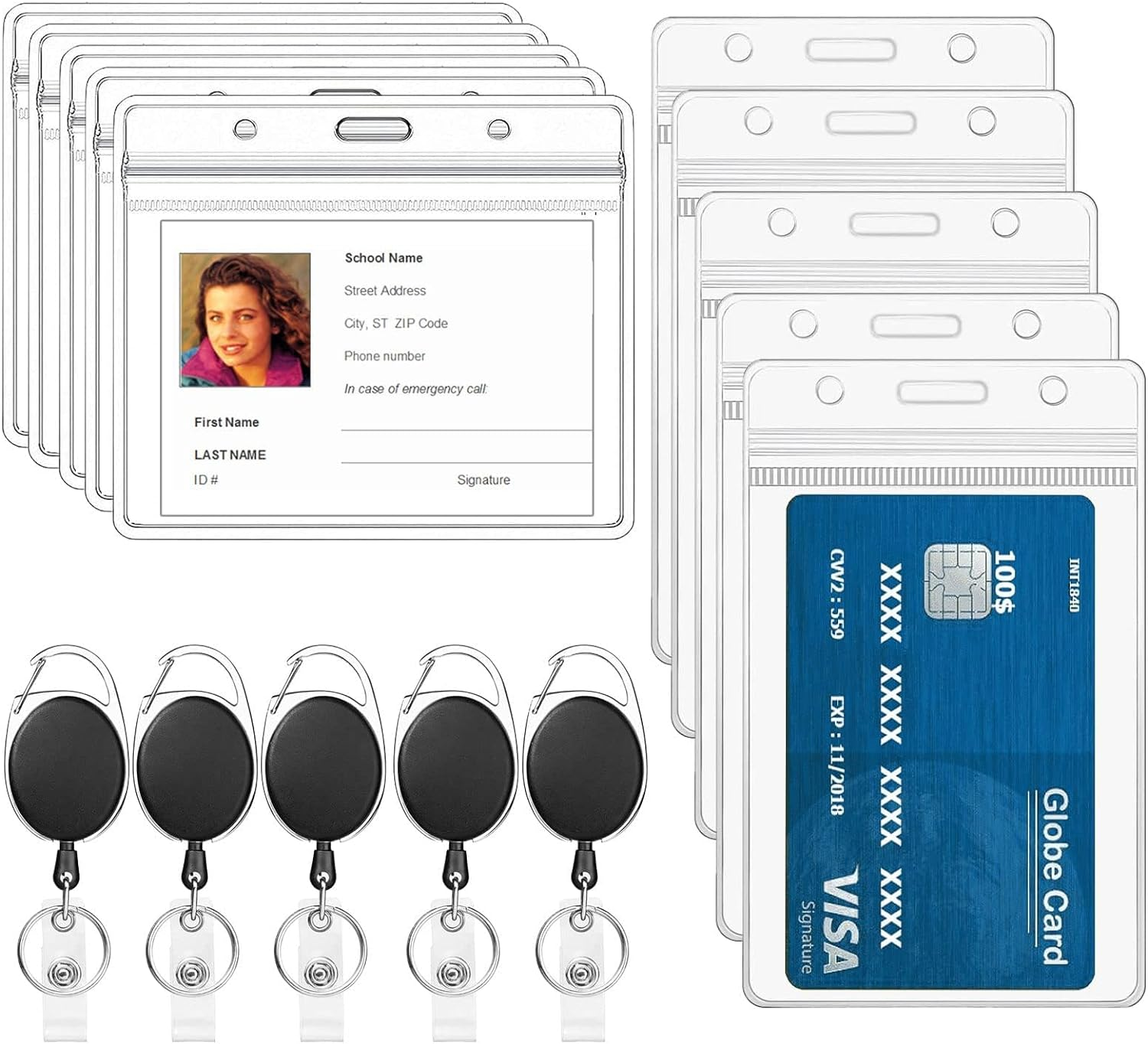Waterproof Transparent Card Holder, 10 Pcs Clear ID Card Holders with Retractable Keychains, Plastic Badge Holders for Teacher, Student, Nurse, Worker