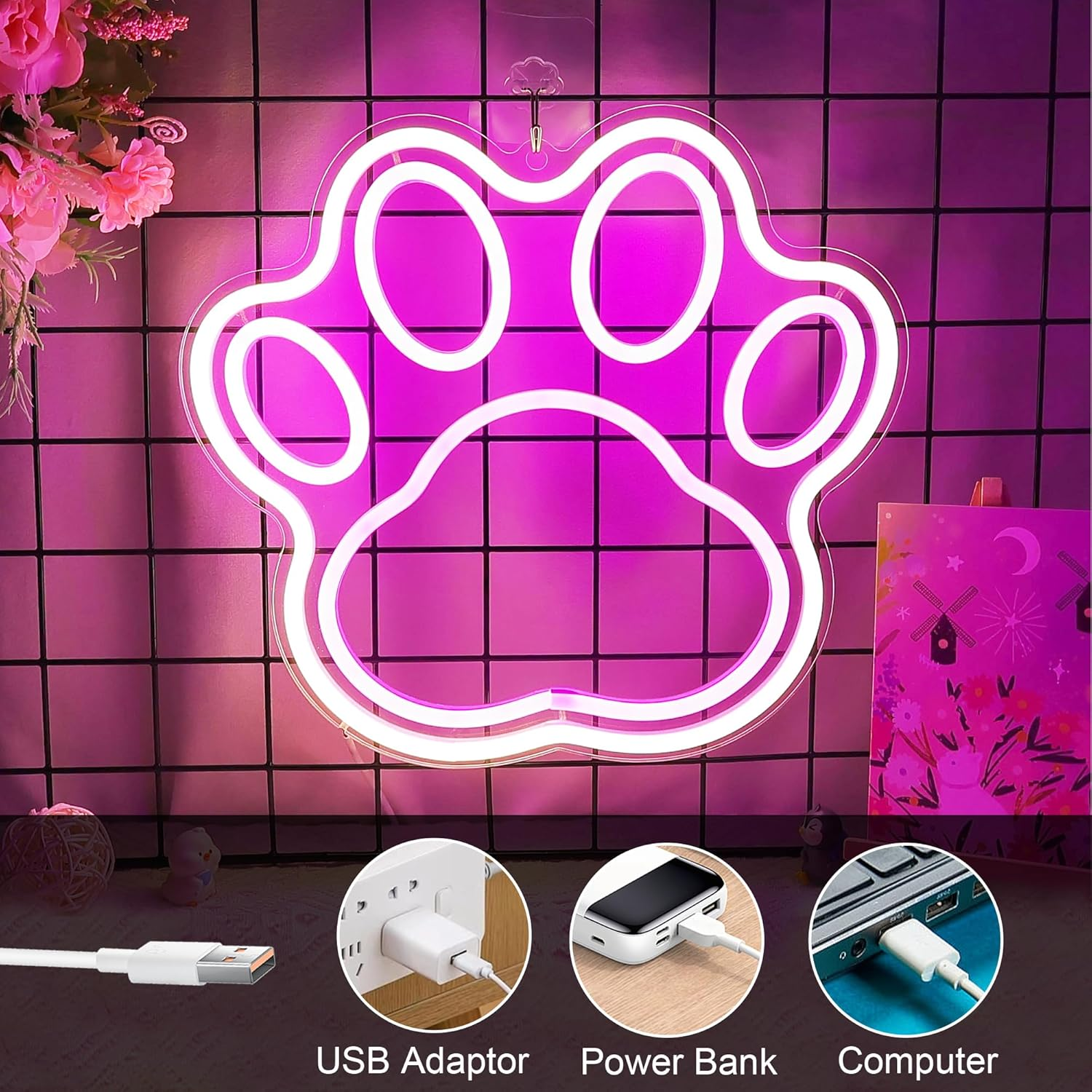 Pink Neon Sign for Wall Decor,Anywin Cute Paw Neon Signs USB Led Lights with Dimmable for Home Decor, Neon Decor Gifts Birthday, Party, Christmas Day, Holidays for Bedroom Kidsroom Living Room - Cat image number 6