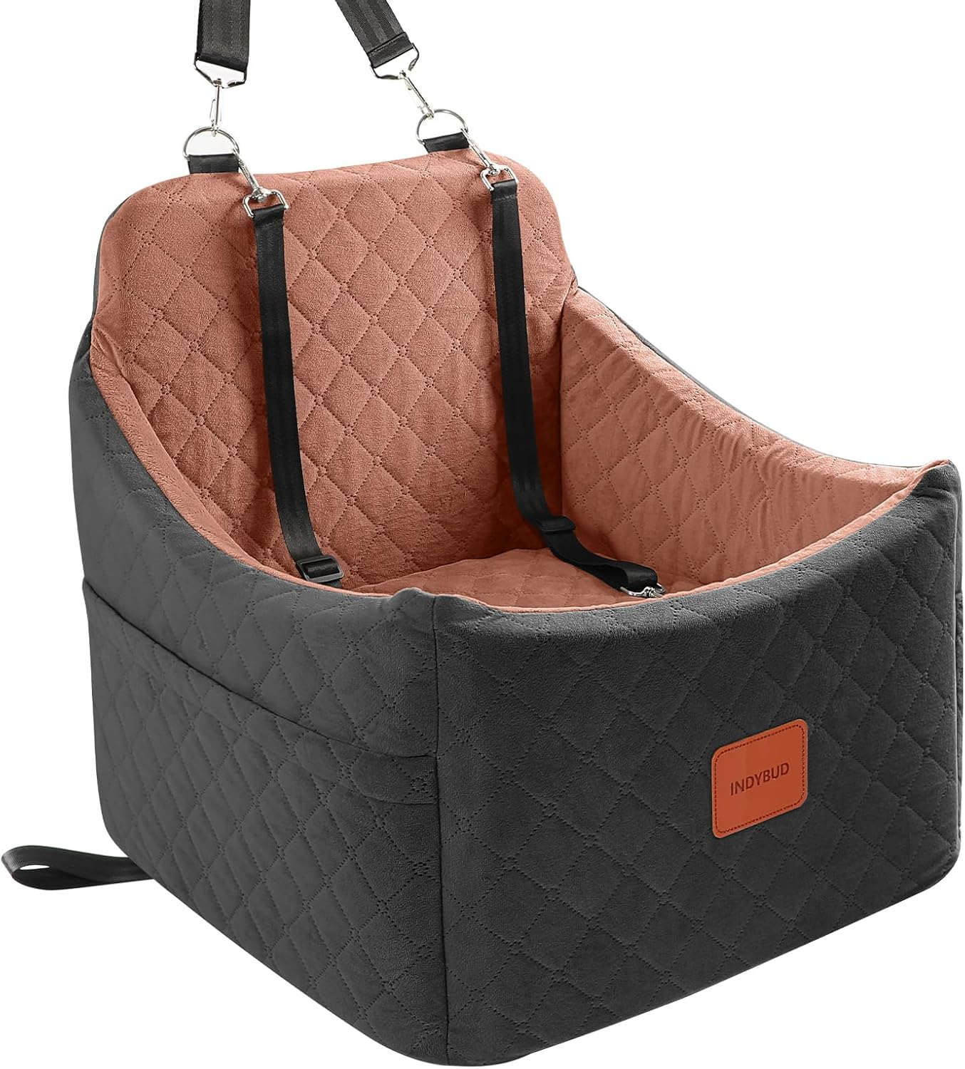 INDYBUD Dog Car Seats for Small Medium Dogs, Portable Detachable Washable Puppy Car Seat for Dog up to 35Lbs, Pet Booster Seat with Storage Pockets and Safety Belt (Black/Brown, Medium)