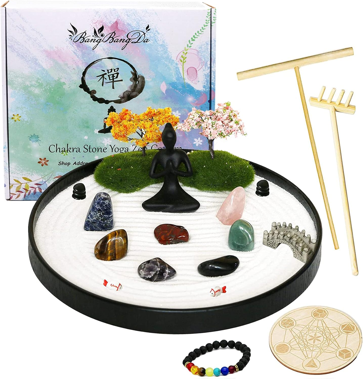 Zen Garden for Desk Tabletop Chakra Zen Healing Gifts Sand Tray Therapy Kit Set Japanese Decoration Crystal Quartz Rock Mini Garden Home Office Stress Relief Spiritual Decor Healing Gifts for Yoga