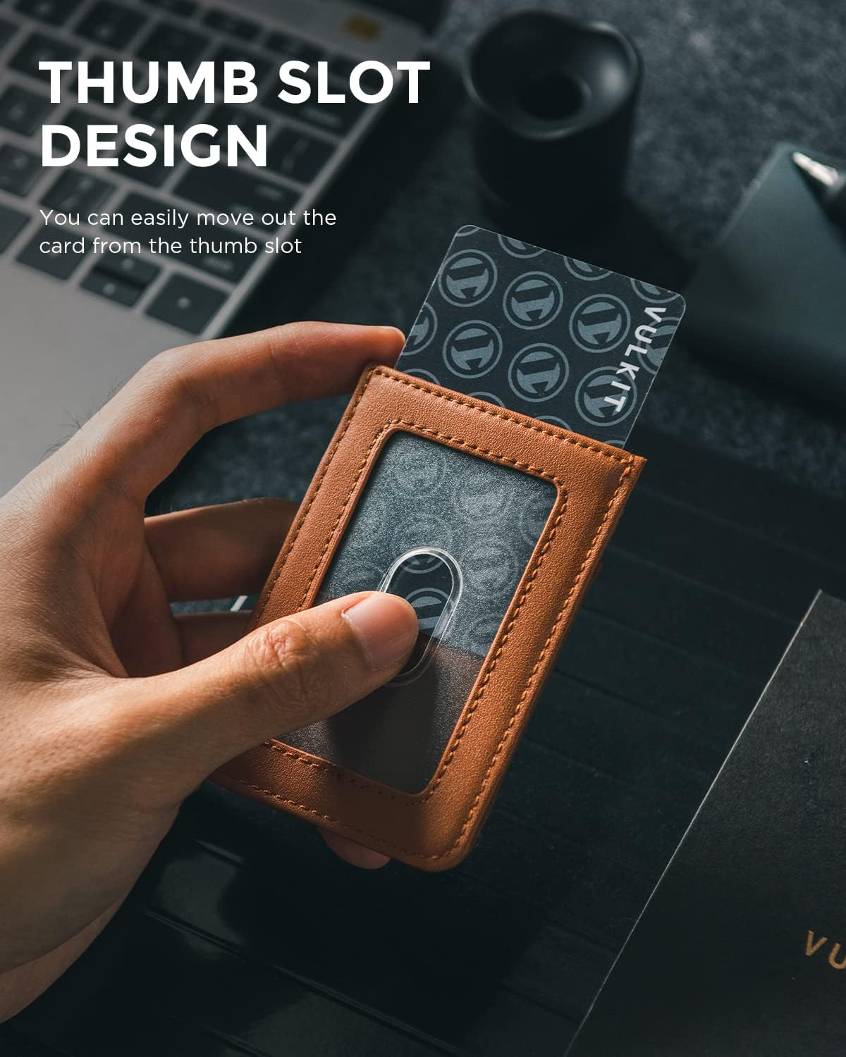 VULKIT ID Badge Holder with Lanyard for Women and Men Vertical Leather Badge Holder with Clear ID Window Card Holder Slot and Money Pocket Brown image number 2