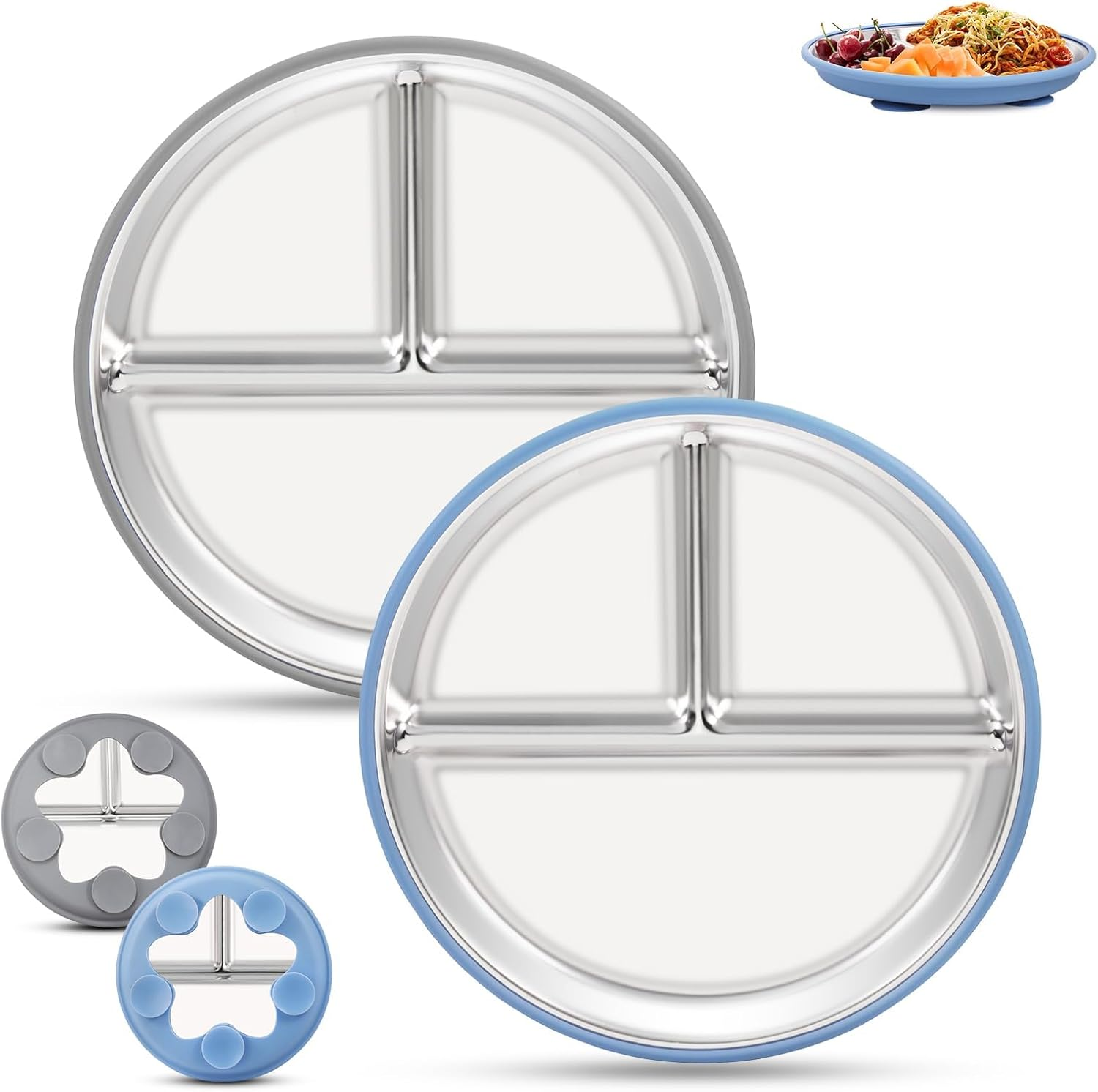 Stainless Steel Baby Plates with Suction,9&rdquo; Divided Plates Silicone Sleeve for Kids,Metal Toddler Plates BPA Free, Children Feeding Unbreakable Dishwasher Safe Set of 2 (Blue and Grey) image number 1