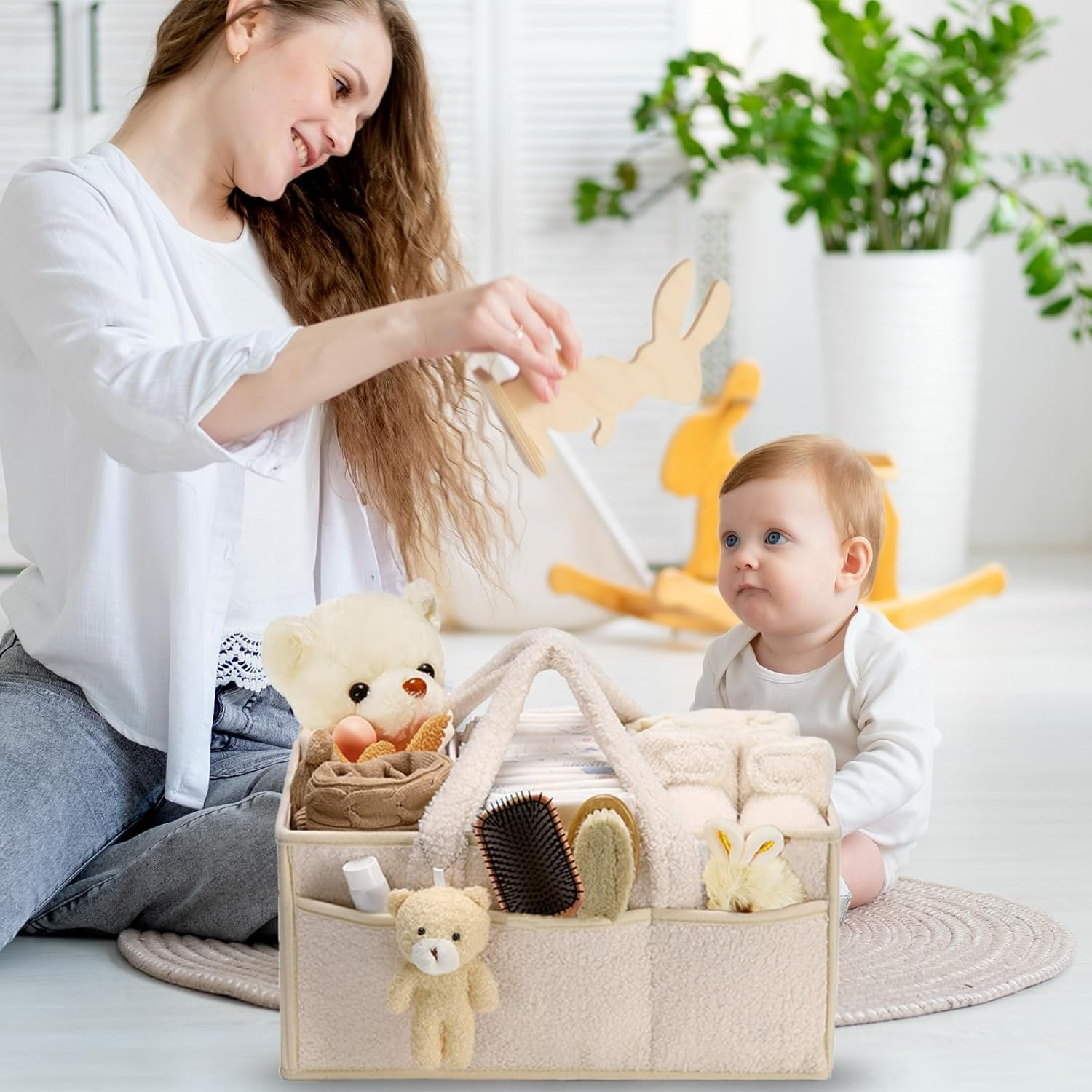 Togemvvs Baby Diaper Caddy Organizer, Baby Storage Basket for Diapers and Wipes, Portable Nappy Caddy with Bear (Ivory White) image number 1