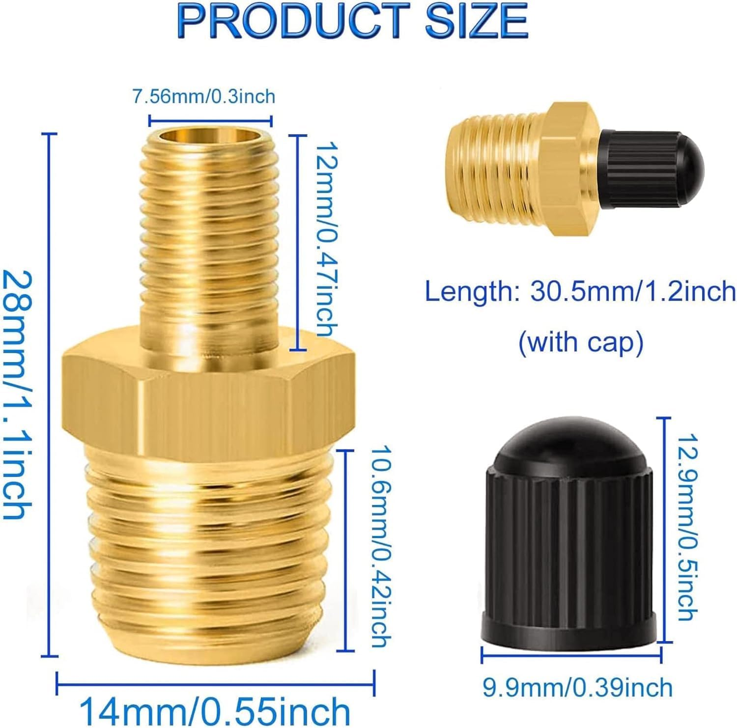 THJOPOKEEL 4Pcs Air Inflator Adapter, Anti-Corrosion Brass Schrader Valve with 1/4" Male NPT, Tire Inflator Connector for Auto Portable Air Compressor/Pump, Includes Protective Caps image number 1