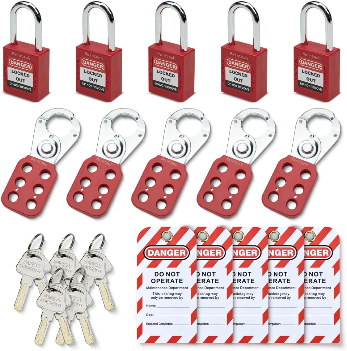 Bwintech 5 Piece 38MM Different Red Safety Padlock Set with Key with Circuit Breaker Safety Lock Padlock Loto Tag Safety Padlock Meets the Requirements of the Industrial Electrical Lockout Tagout Kit image number 1