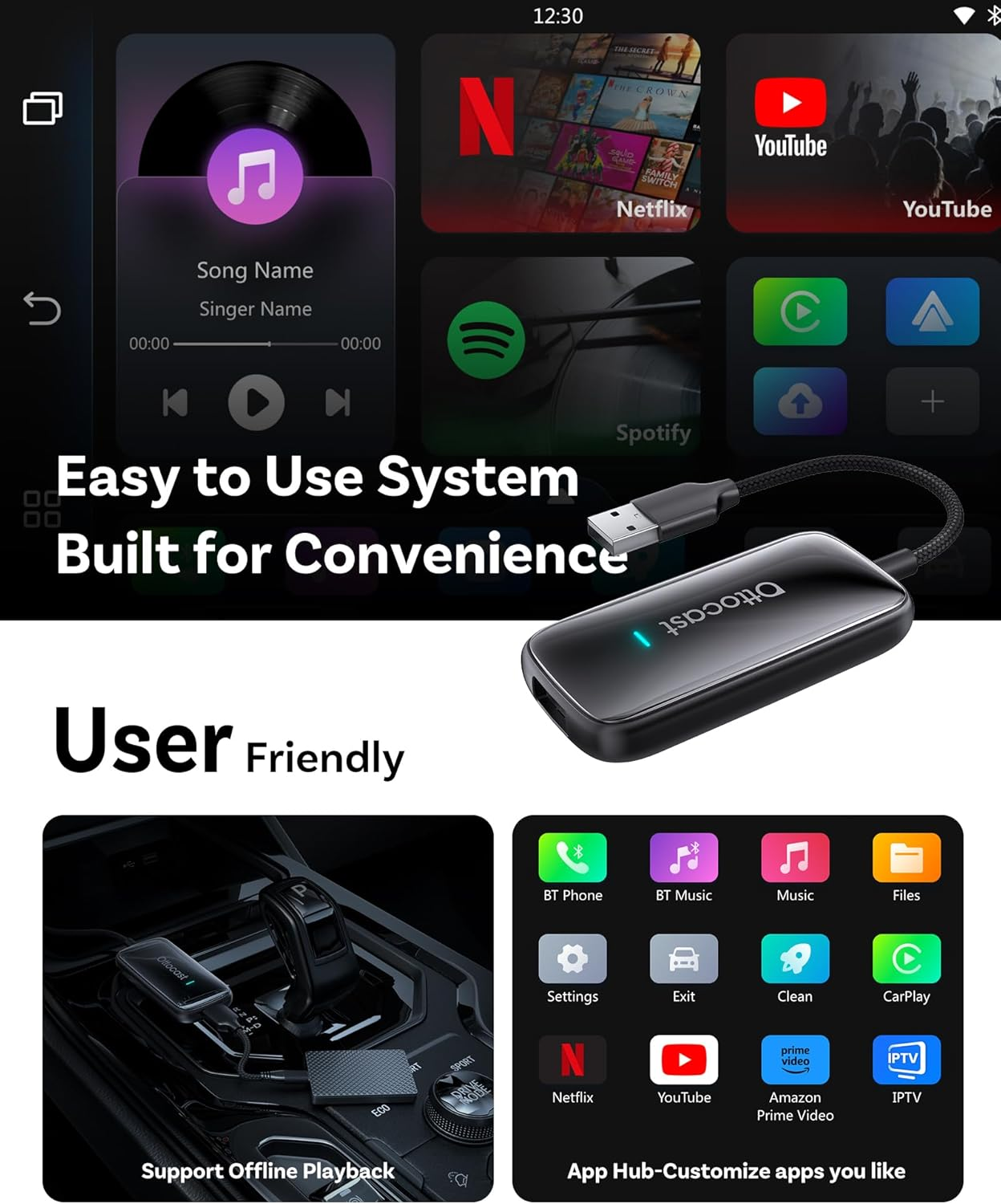 OTTOCAST Play2Video Ultra &ndash; Wireless Carplay & Android Auto Adapter with Youtube, Netflix, Spotify, IPTV | 5Ghz Wifi, Auto Connect, No Delay | Compatible with OEM Wired Carplay image number 1