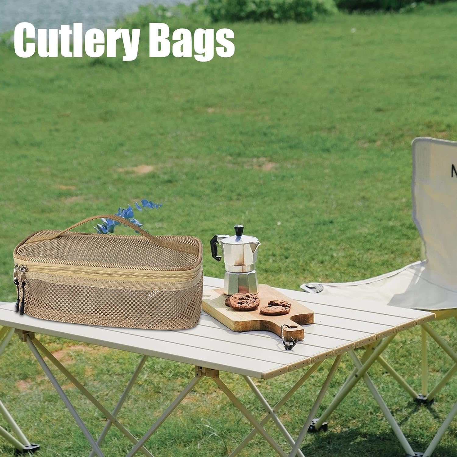 Camping Cookware Bag, Portable Kitchen Utensils Pouch, Breathable Mesh Utensils Makeup Storage Bag for Camping Barbecue Picnic Climbing Beach Adventure Vacation image number 1