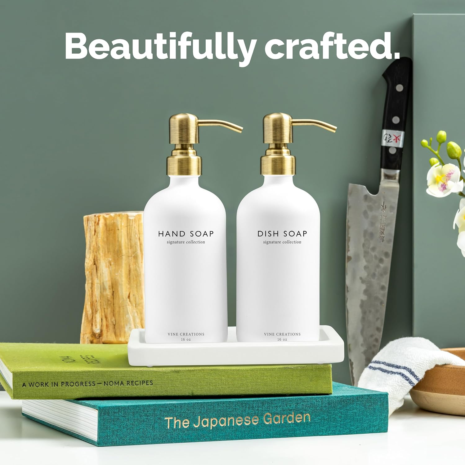 Vine Creations Glass Soap Dispenser Set, Kitchen Soap Dispenser Set with Ceramic Tray, 16 Oz Dish Soap and Hand Soap Dispenser Set with Stainless Steel Pump Decor (White Bottle/Brushed Brass) image number 5