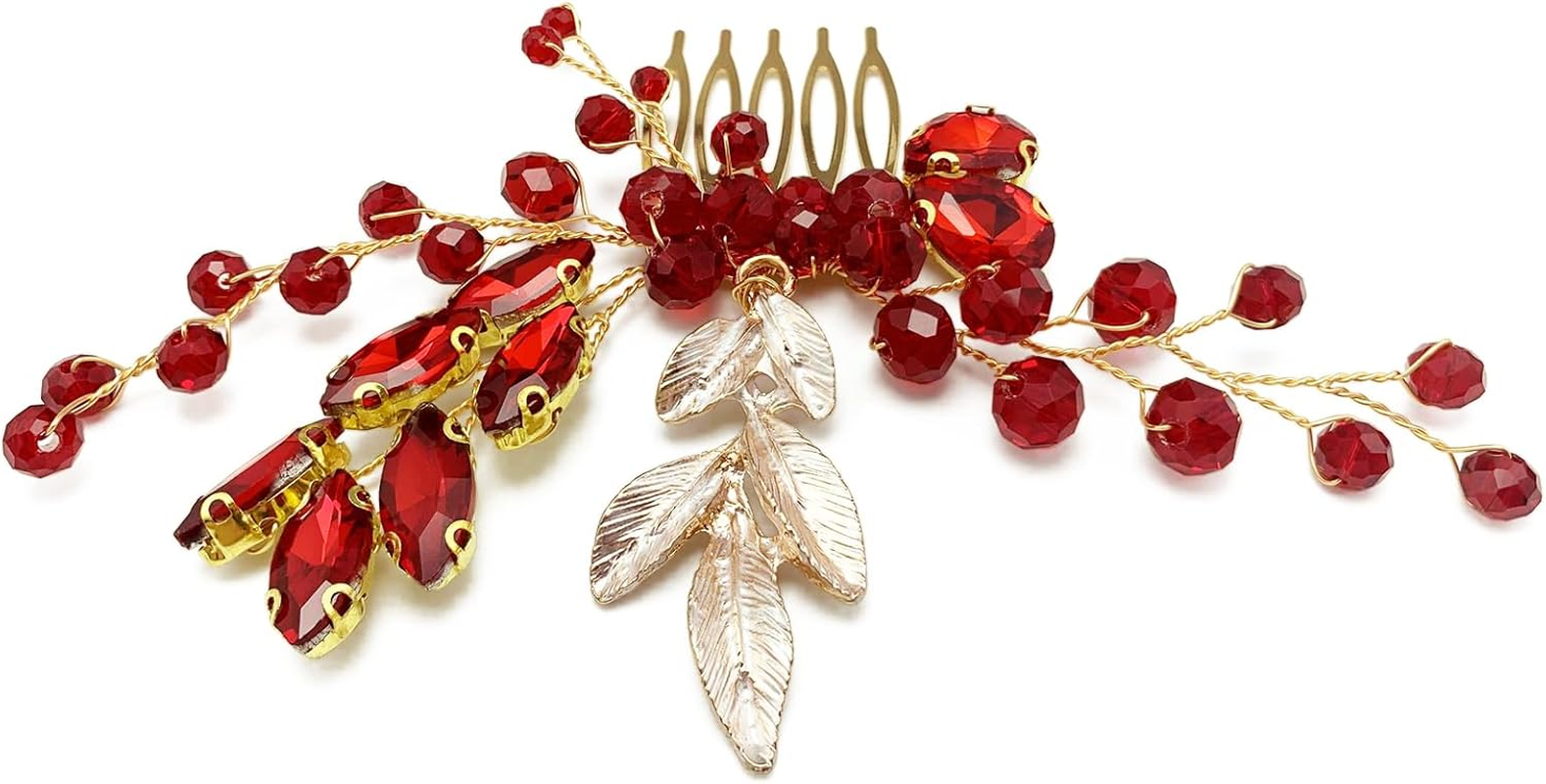 BETITETO Crystal Bridal Hair Comb Wedding Gold Vine Leaf Rhinestone Hair Piece Accessories for Women Girls (Red) - Green,Red image number 7