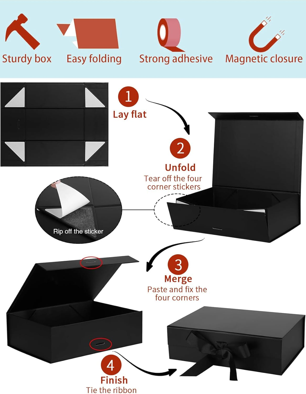 4 PCS Gift Boxes, Magnetic Closure Collapsible Gift Boxes for Gift Packaging, Rectangle Gift Box for Mother'S Day Weddings Birthdays Gifts, Large Capacity Solid Color Gift Box with Ribbon (PK)