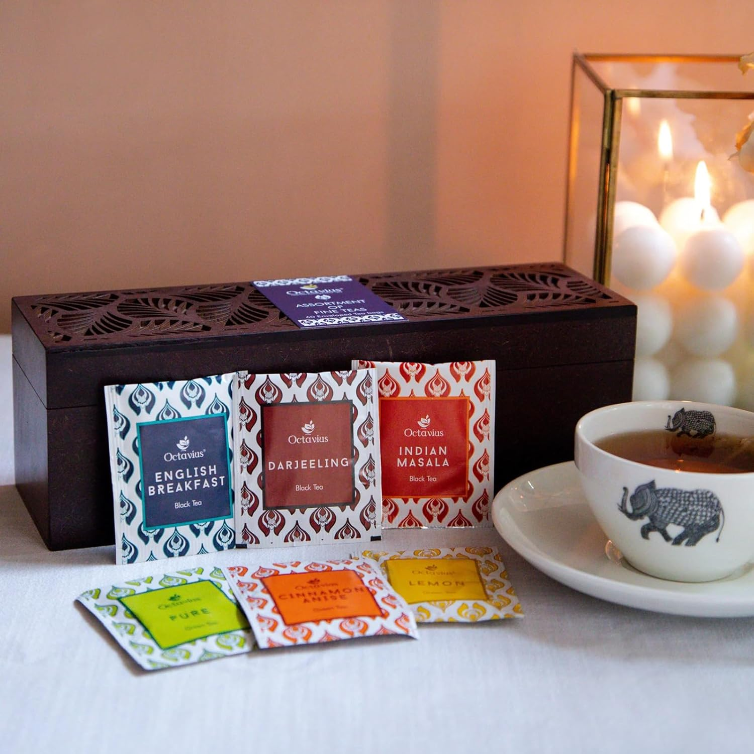 Octavius Assorted Black & Green Tea Sampler Gift Set (6 Flavors, 60 Teabags) | Wooden Tea Box with Leafcut Design | Tea Variety Pack | Gifts for Women & Men | Premium Tea Gift Set image number 2