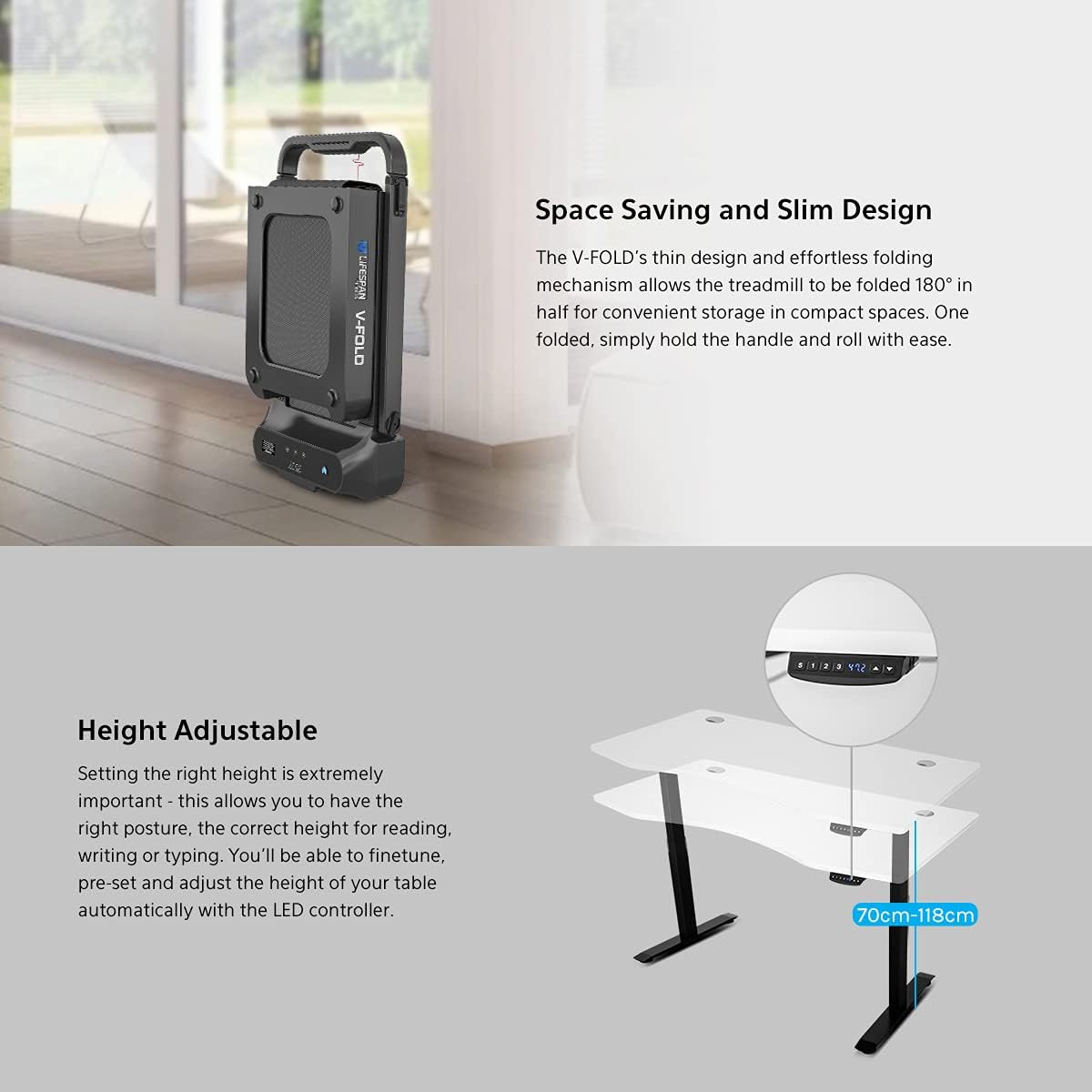 Lifespan Fitness V-FOLD Treadmill with Ergodesk Automatic Standing Desk, White, 150 Cm