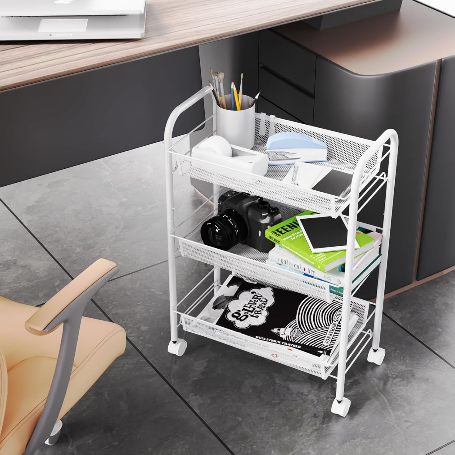 3-Tier Metal Storage Trolley, Rolling Cart, Mesh Storage Cart, Mobile Storage Trolley, Portable, Stable and Easy to Set Up, Bedroom Kitchen Bathroom Toilet Living Room Storage Cart, Metal, White image number 4