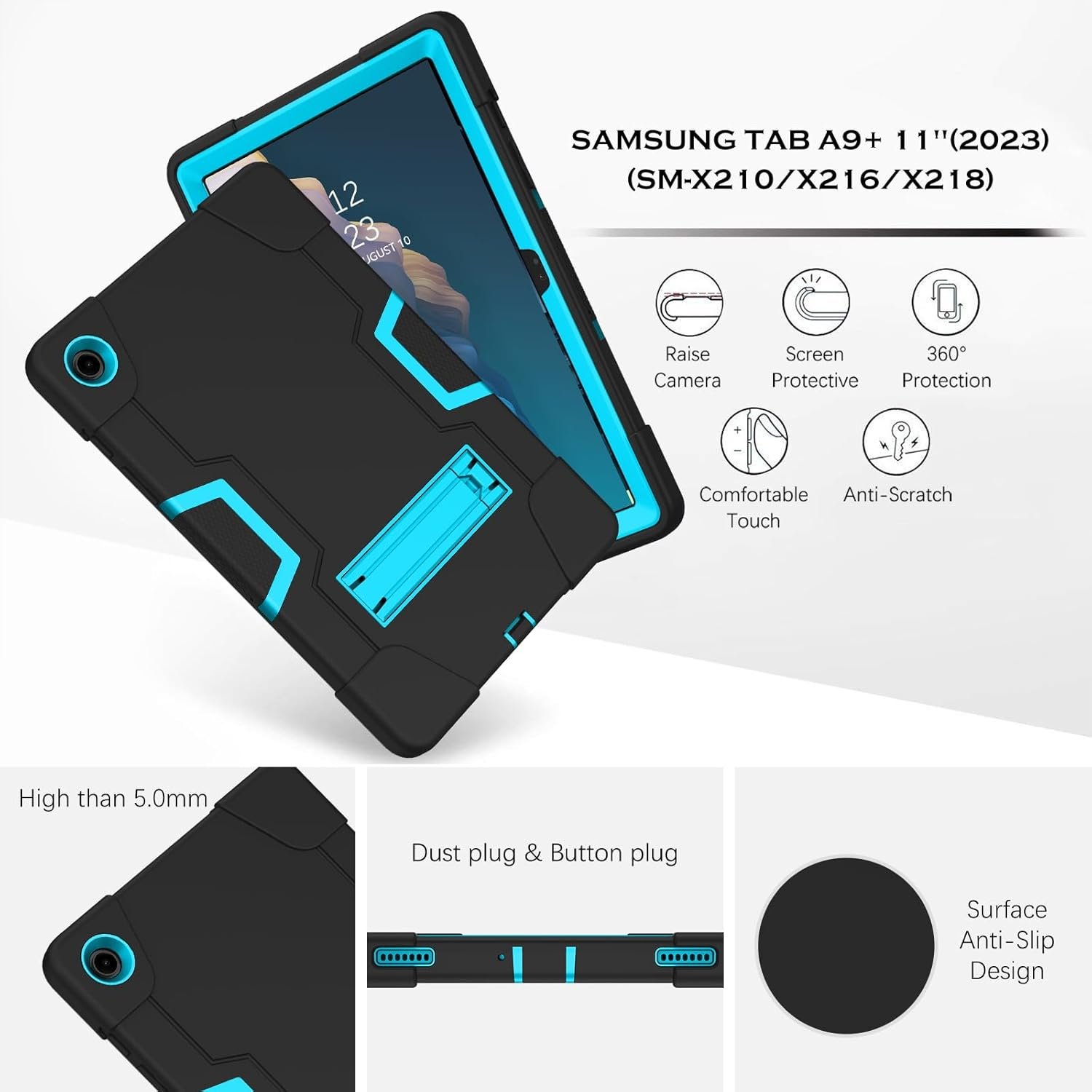 YINLAI for Samsung Galaxy Tab A9+ Case with Kickstand 11 Inch 2023 (SM-X210/X215/SM-X216), Galaxy Tab А9 plus Case for Kids, Heavy Duty Shockproof Protective Tablet Cover, Black Blue image number 5