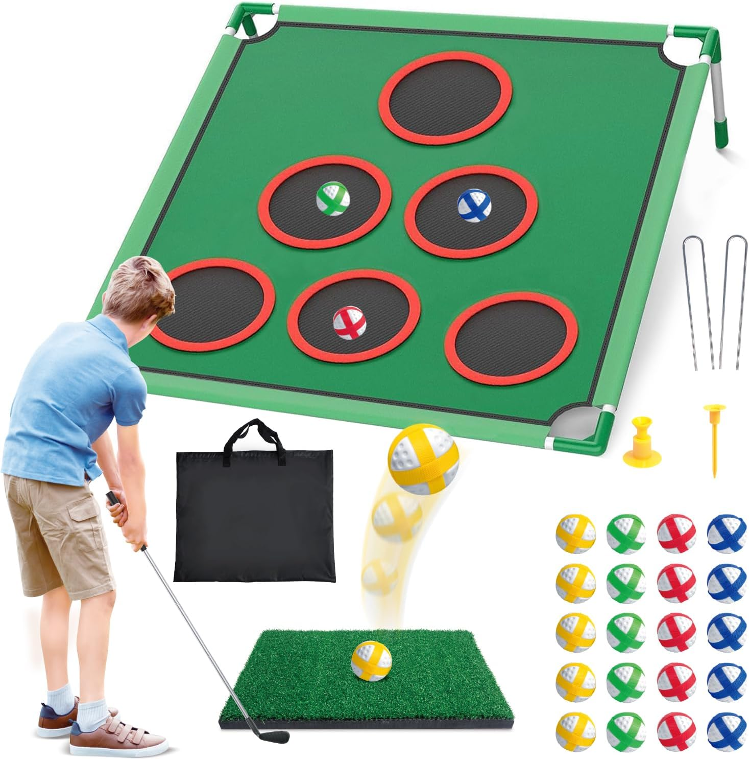 Mostop Golf Chipping Game Set - Backyard Cornhole Game Includes Putting Mat, 20 Sticky Balls, 6 Hole Covers, Club, Carrying Bag - Golf Target Yard Games for Golfers Indoor Outdoor, Dad image number 4