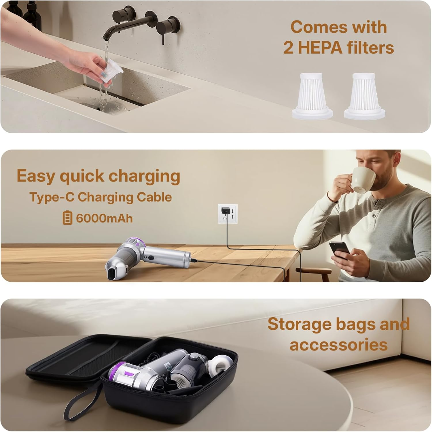 OWLKELA Car Vacuum Cleaner, Powerful Cyclonic Suction USB Rechargeable Portable Handheld Mini Vacuum Cordless with Brushless Motor &ndash; for Pet Hair, Car, Home, Office, Kitchen image number 2