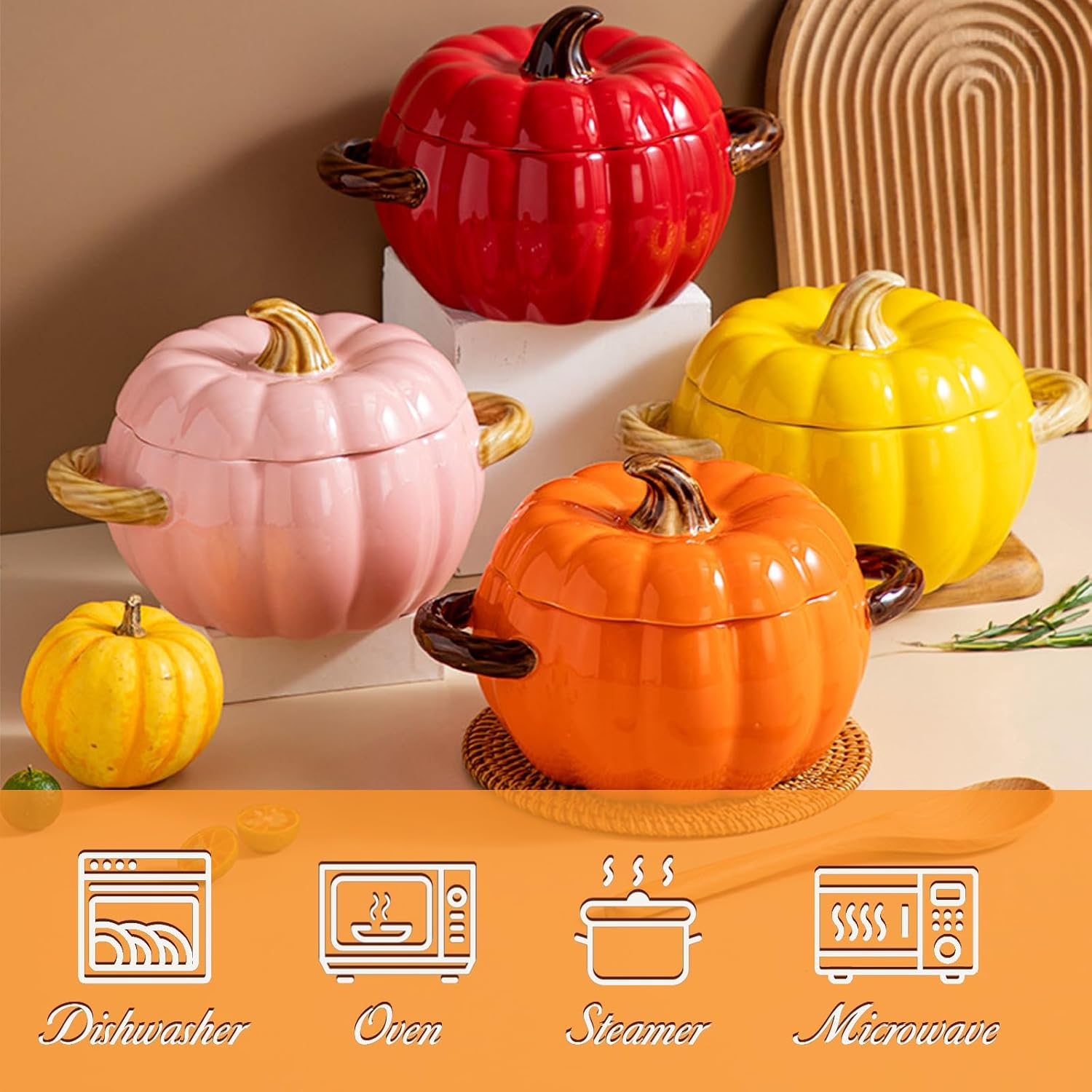 Soup Pot with Lid, 51 Ounce Pottery Dutch Oven, Mini Baking Dish Cute Pumpkin Pot, Ceramic Dessert Saucepan, Double Ear Pumpkin Cookware for Home Thanksgiving Halloween Party (Orange) - Orange image number 2
