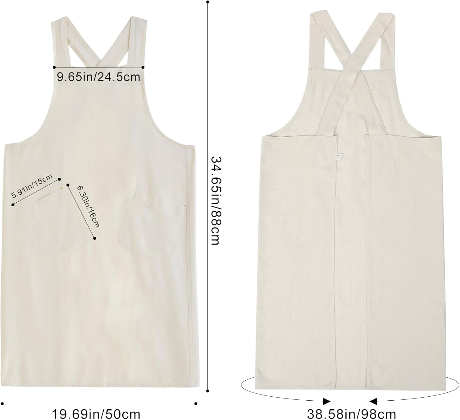 Surblue Cotton Linen Aprons for Women Cross Back Kitchen Apron with Pockets Pinafore Dress for Baking Cooking Gardening Work
