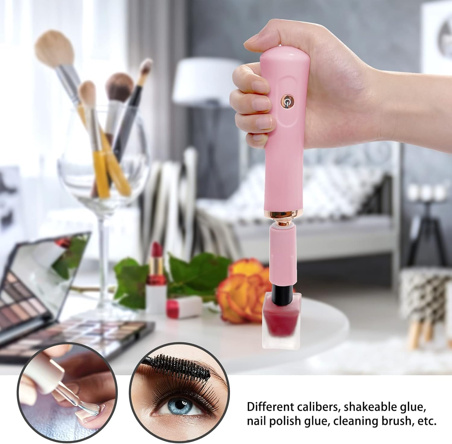 Electric Nail Polish Mixer, Portable Eyelash Glue Mixer, with 2 Adapters and 8 Kinds of Liquid Uniform Mixers of Different Calibers(Pink) image number 3