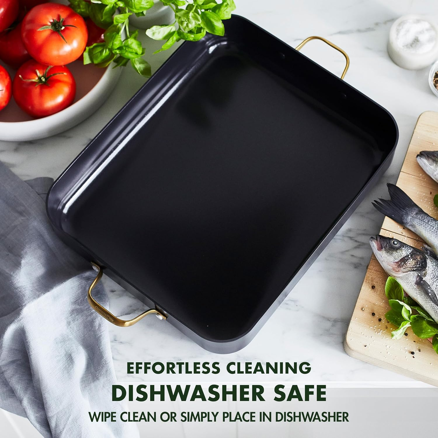 Greenpan Reserve Hard Anodized Healthy Ceramic Nonstick 40 X 33 Cm Roasting Pan with Stainless Steel Roaster Rack, Gold Handles, Pfas-Free, Dishwasher Safe, Oven Safe, Black image number 2