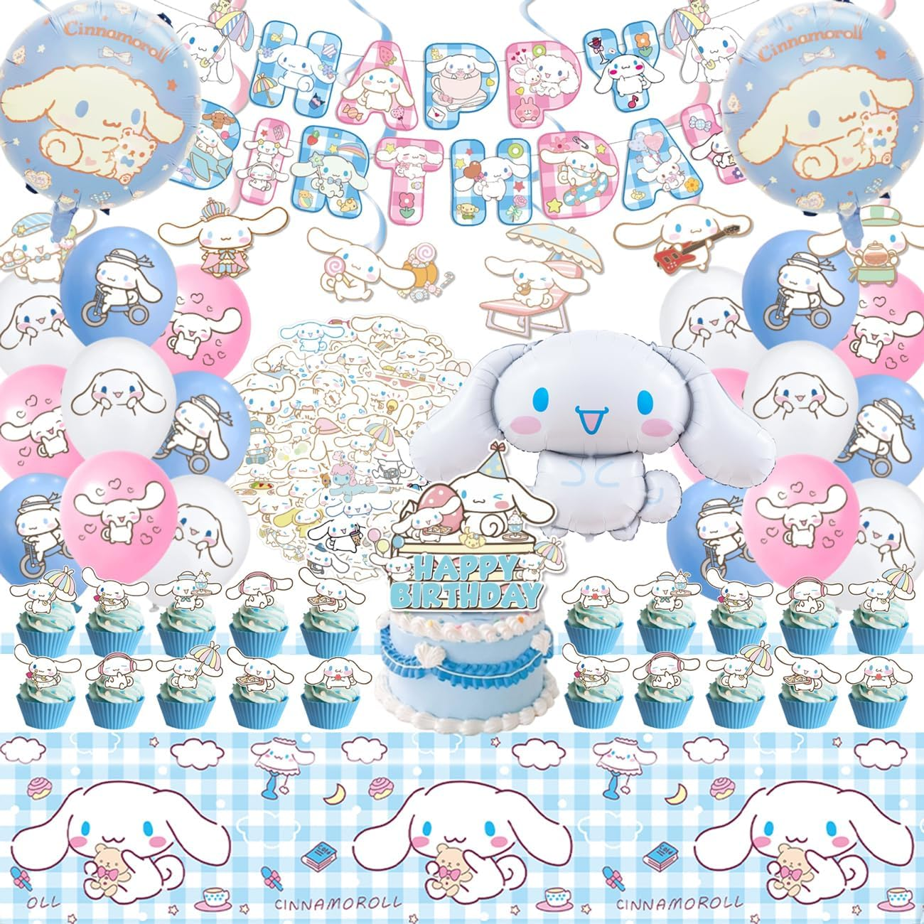 Cinnamoroll Birthday Decorations, 101PCS Party Supplies Set Include Banner, Balloons, Stickers, Hanging Swirls, Cake Cupcake Toppers, Tablecloth for Kids Cinnamoroll Theme Party image number 4