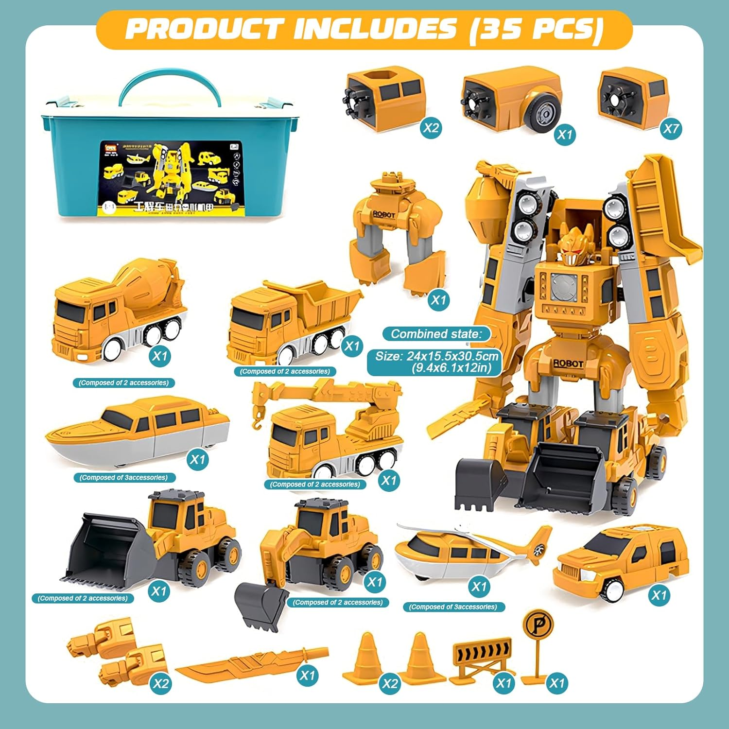 Building Blocks for Kids - 35-Piece Engineering Car Construction Set with Storage Box, Learning Toys for Toddlers Ages 3-8, Blocks for Indoor & Outdoor Play (Engineering Series) image number 6