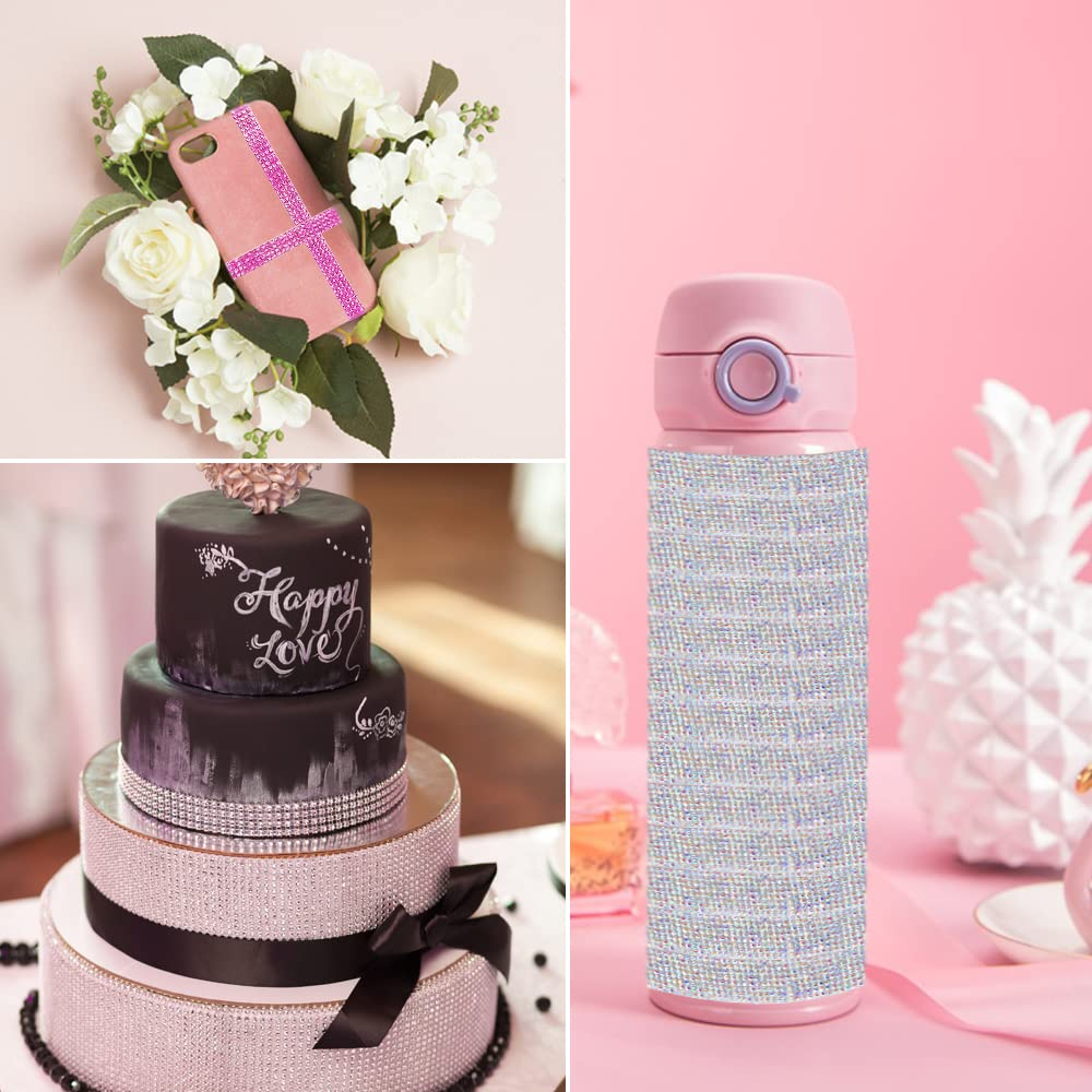 AFUNTA 3 Rolls Rhinestone Ribbon Self Adhesive, 3 Yards Crystal Stickers Glitter Ribbons Bling Ribbons Roll for Wedding Cakes Birthday Crafts Decorations (Silver AB Pink) image number 3