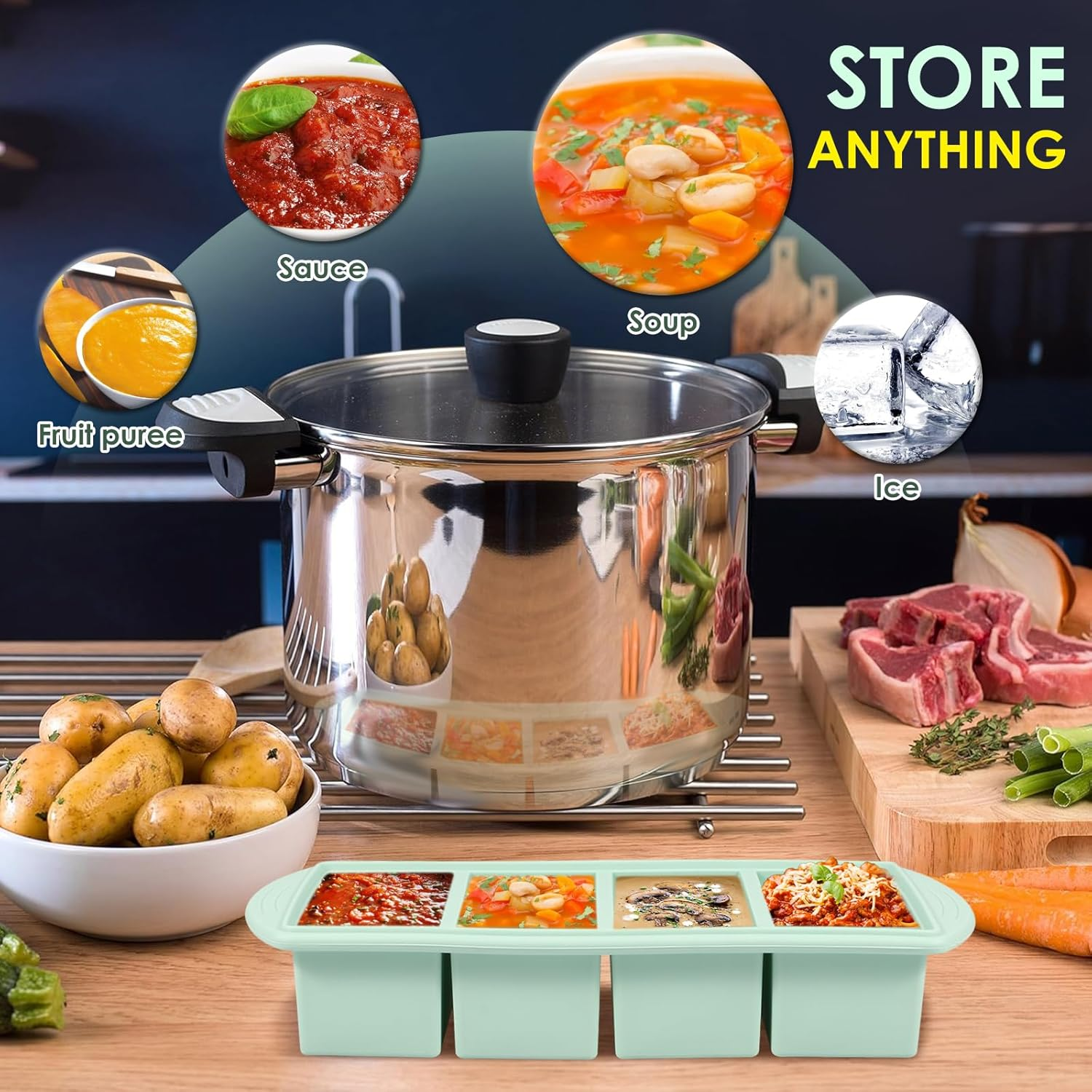 2/4 Cup Silicone Freezer Tray, Large Capacity Leak Proof Soup Freezer Container Molds, Easy to Clean Silicone Soup Portion Tray, Silicone Mold for Soup and Food Storage (4 Frames) image number 1