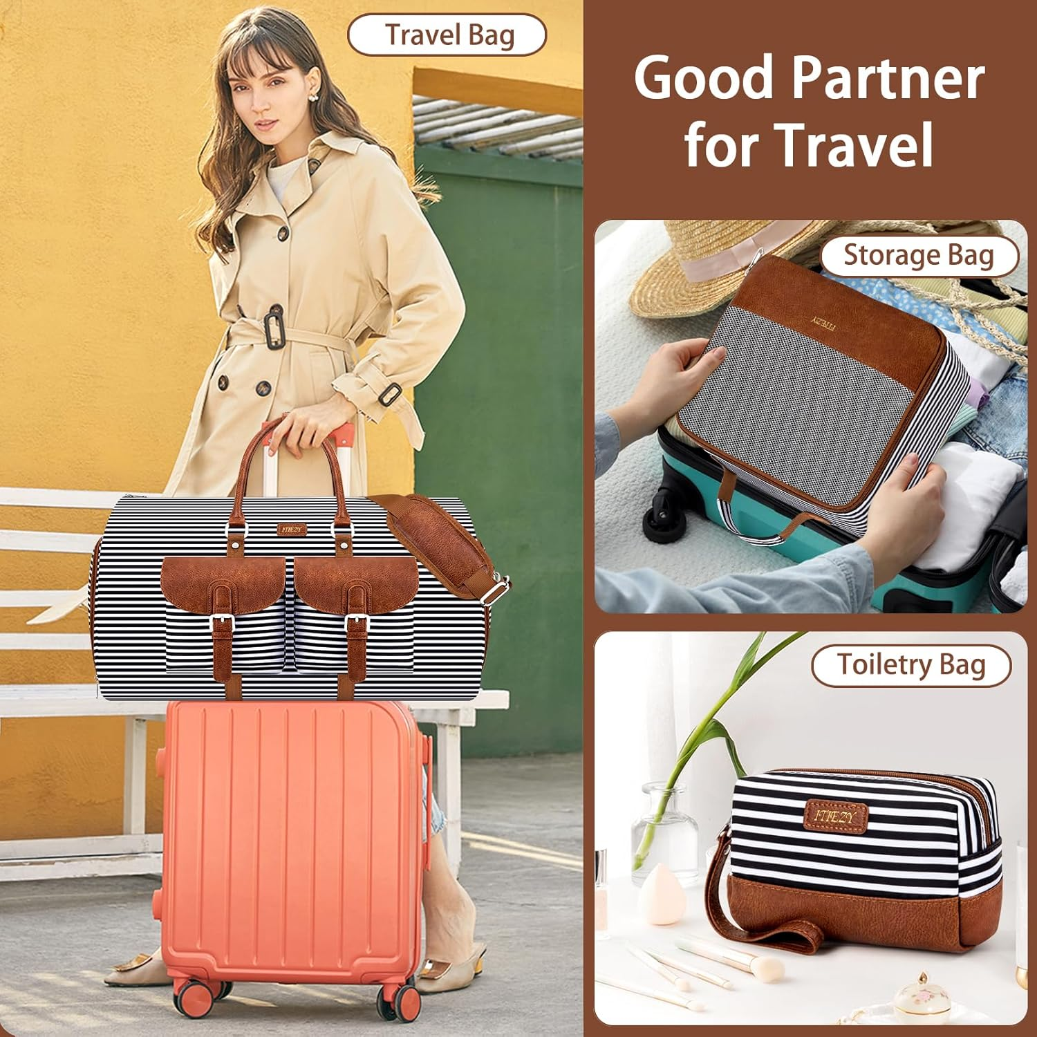 Garment Duffle Bag for Travel - Convertible Carry on Garment Duffel Travel Bag for Women Men Large Weekender Bag with Shoes Pouch 2 in 1 Hanging Suit Travel Duffel Bag 3Pcs Set, A02-Black image number 5