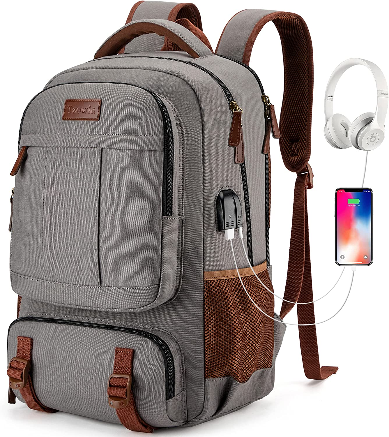 Tzowla Canvas Laptop Backpack,School Backpack for Men Women,Anti-Theft Travel Rucksack Fits 15.6 Inch Laptop, Bookbag with USB Charging Port