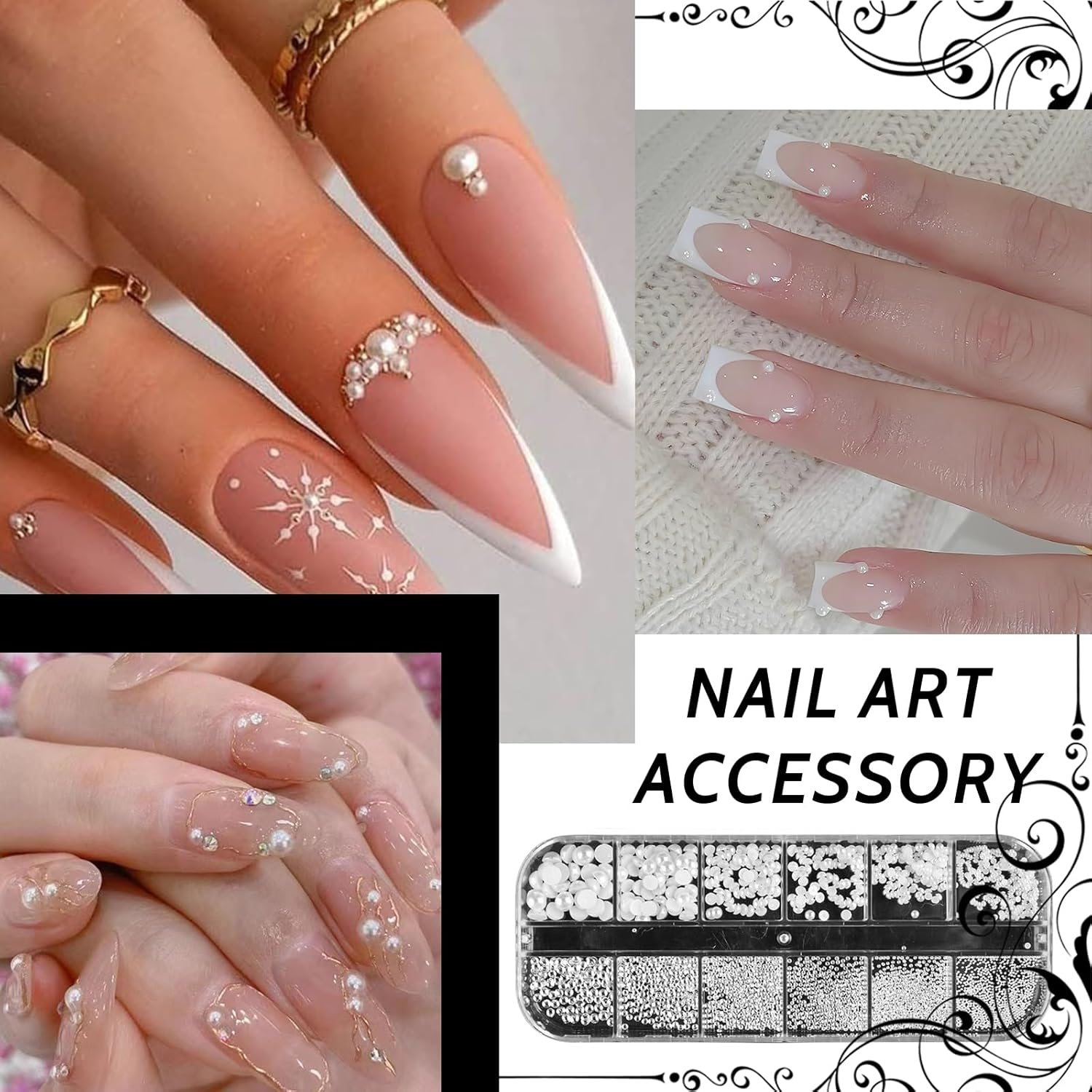 1 Box Nail Art Rhinestones, White Pearls for Nails, Half round Pearl Balls, Nail Pendants, Stainless Steel Beads, White Flat Back Beads for Women, Nail Decorations