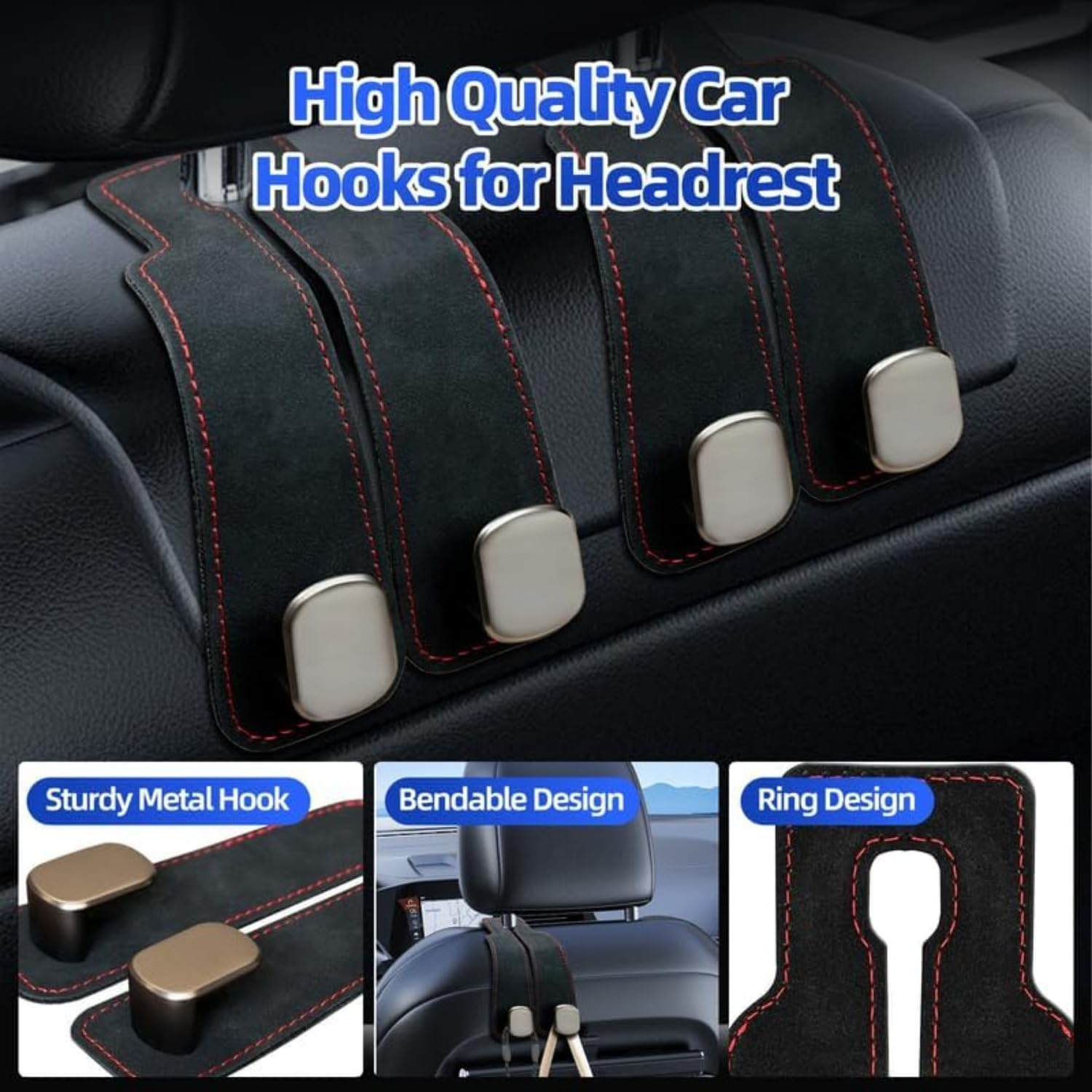 Usinynia 4 Pack Car Hooks for Headrest Double Car Seat Headrest Hooks Car Seat Back Storage Hook for Purses and Bags Leather Purse Hook for Car (Black)