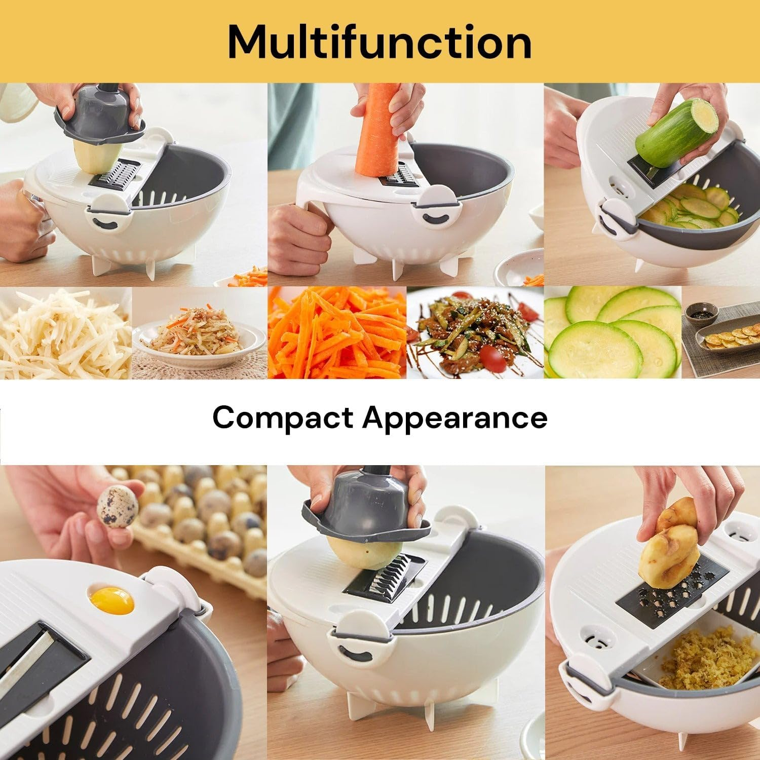 Ezonedeal Vegetable Slicer, 9 in 1 Multifunction Rotate Vegetable Cutter with Drain Basket Large Capacity Food Veggie Shredder Grater Kitchen Tool image number 6