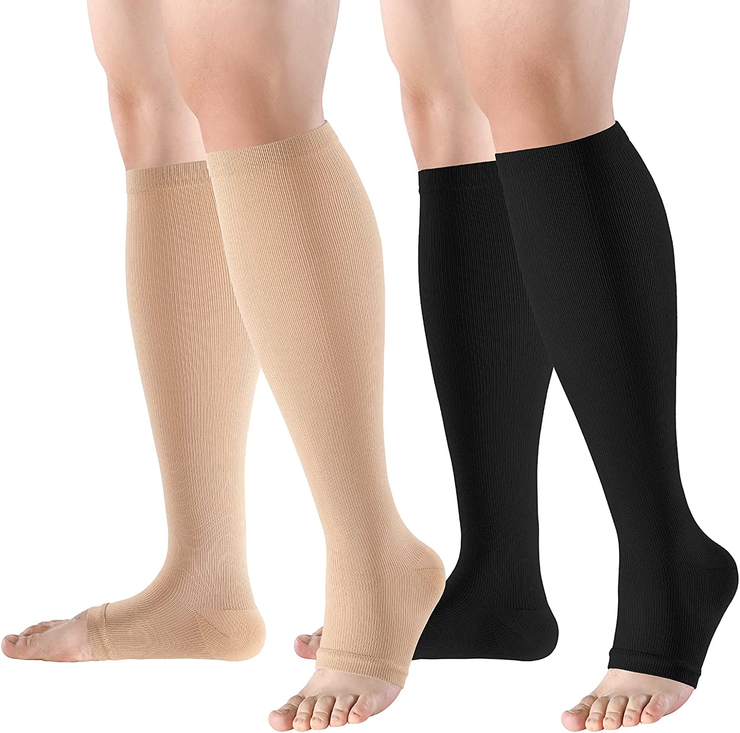 Bropite Open Toe Compression Socks for Men & Women - 2 Pairs of 15-20 Mmhg Toeless Circulation Medical Compression Socks