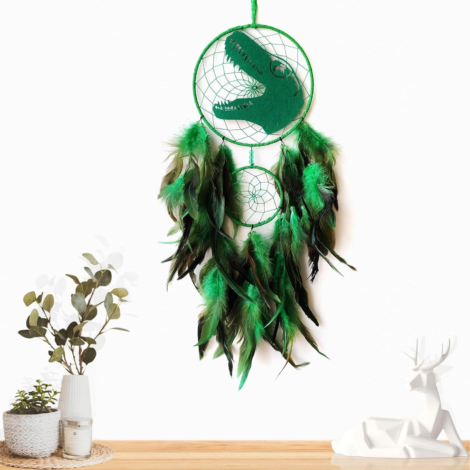 Donko Green Large Dream Catcher Wall Decor Dinosaur Dream Catchers Handmade Feather Dreamcatcher Wall Hanging Ornament for Bedroom Living Room Home Decor image number 3