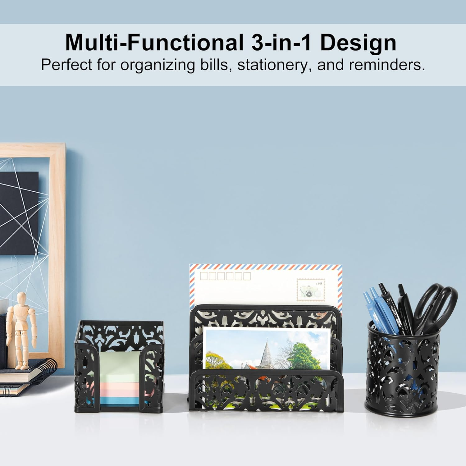 Easypag Desk Organizers and Accessories 3 Pieces Office Organizer Set - Pen Holder for Desk, Mail Sorter Countertop and Sticky Note Holder, Black - Gold image number 6