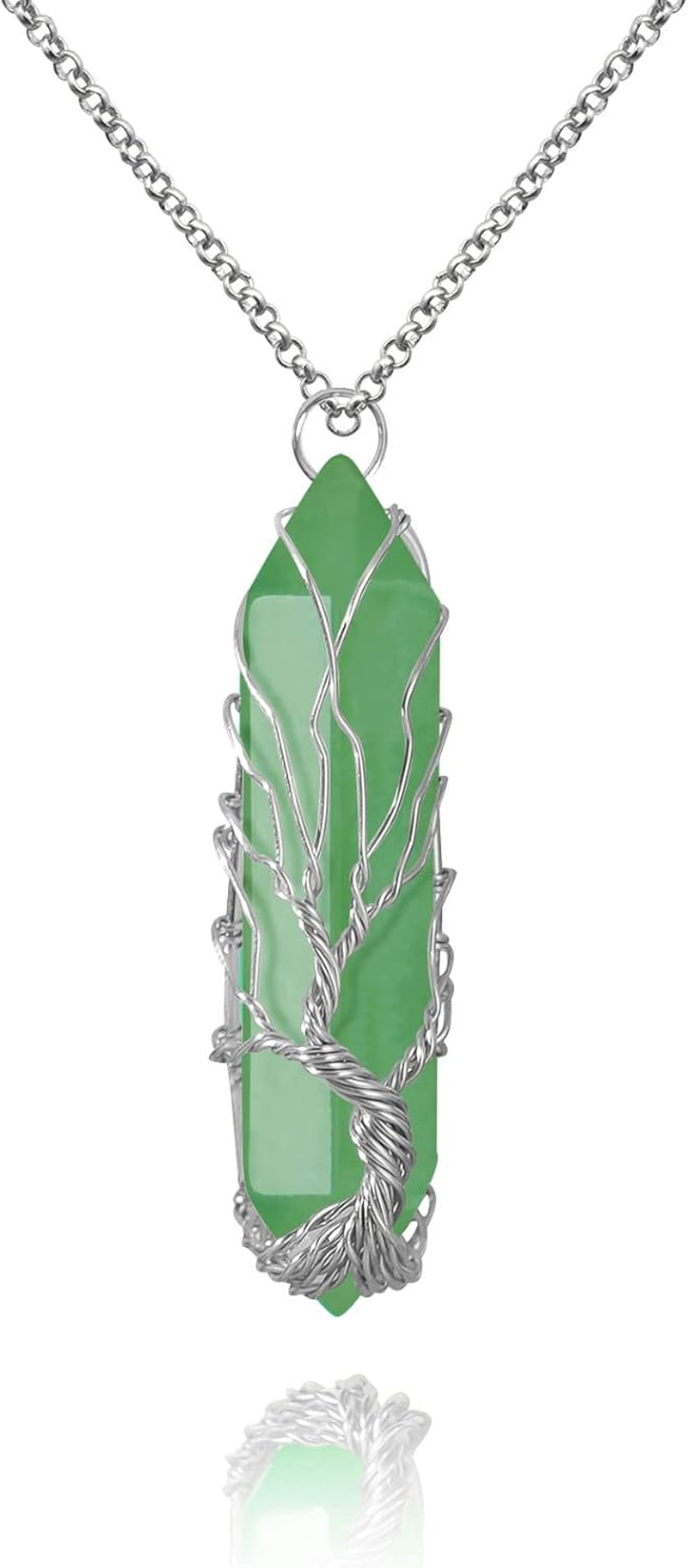 VIBILIA Healing Crystal Necklace Tree of Life Wire Wrapped Natural Stone Point Pendant Necklace Hexagonal Reiki Spiritual Quartz Gemstone Jewelry for Women Men