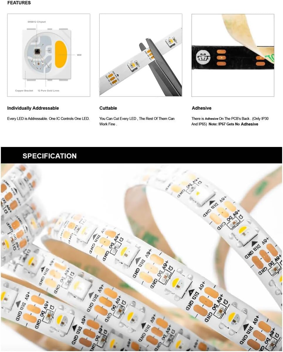 Techzire LED Strip, RGBCW SK6812, 60 Leds/M, 5V, IP30 Bare PCB, Black PCB, 5M, Quality BTF, Rgb+Cool White, NO Controller, Similar to WS2812B, Individually Addressable Leds image number 5