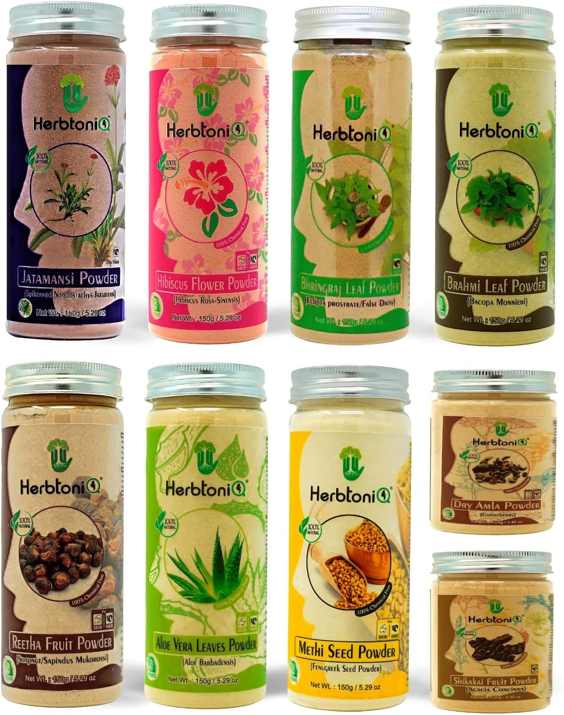 Herbtoniq Combo of 9 100% Natural Jatamansi, Hibiscus, Bhringraj, Brahmi, Soapnut, Aloevera, Fenugreek, Shikakai, Amla Powder for Hair & Scalp Care (Pack of 9, 1300 Gram) image number 5