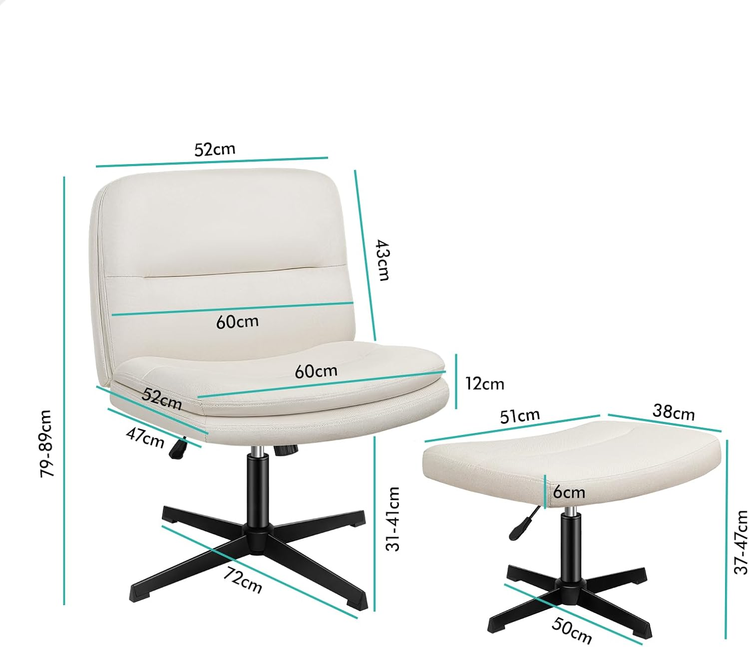 ALFORDSON Criss Cross Desk Chair with Ottoman Stool Pax Series, Cross Leg Office Chair with Mid-Back, Tilt, Height Adjust and Swivel, Armless Ergonomic Gaming Chair, 180Kg Capacity, Fabric Beige