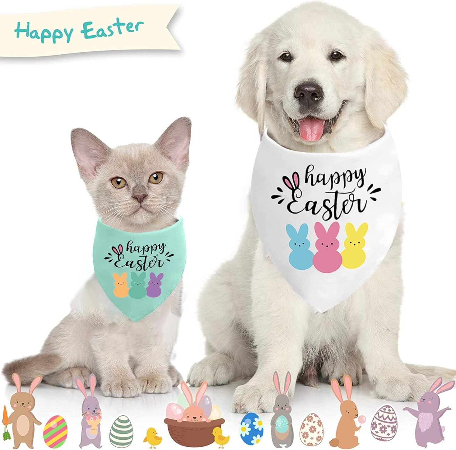 Easter Dog Bandanas Puppy Scarf - Happy Easter Peeps Dog Outfits - 2 Pcs Adjustable Triangle Double-Layer Reversible Pet Bandanas for Small Medium Large Dogs