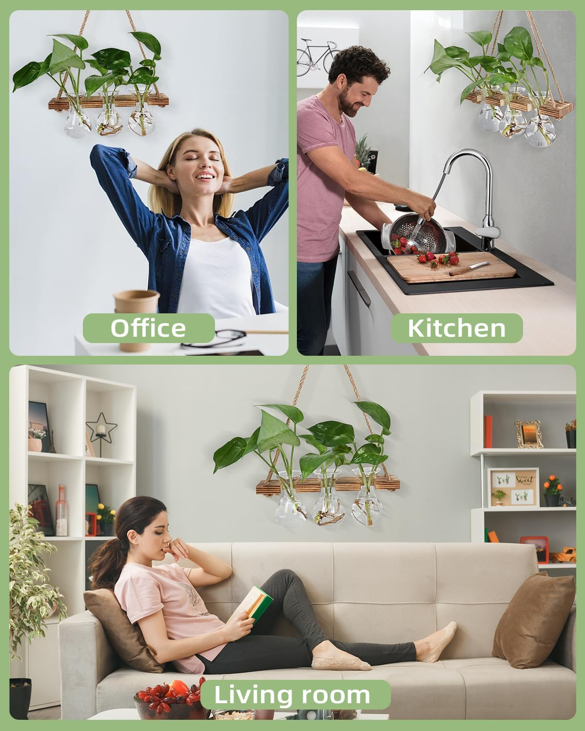 Wall Hanging Planter for Indoor Plants - Unique Propagation Stations with 3 Glass Bottles, Wall Planters for Home Decoration, Hanging Plant Holder and Hanger. image number 3