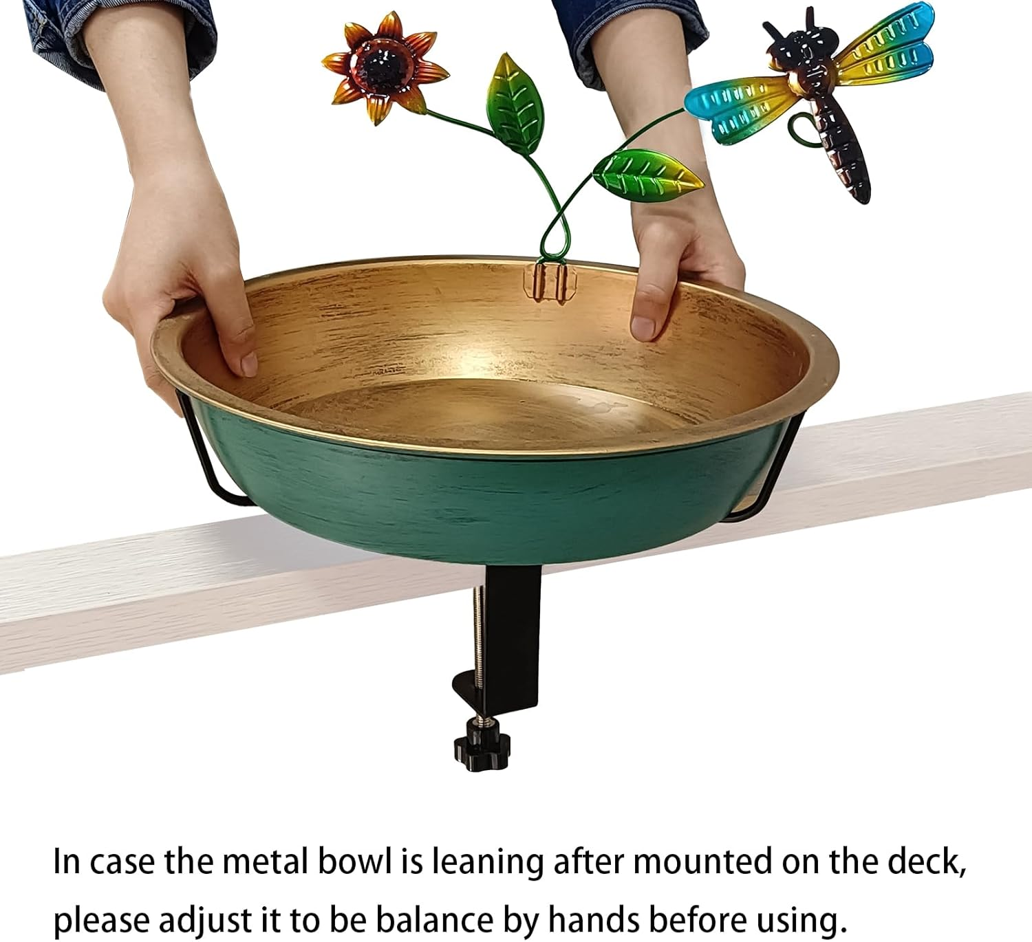 Deck Bird Bath for Outdoors, 13 Inch Large Green/Bronze Metal Birdbath Bowl with Adjustable Big Steel Clamp Backyard Birdbath Bird Feeder for Railing Balcony Fence Yard Art Garden Decor image number 6