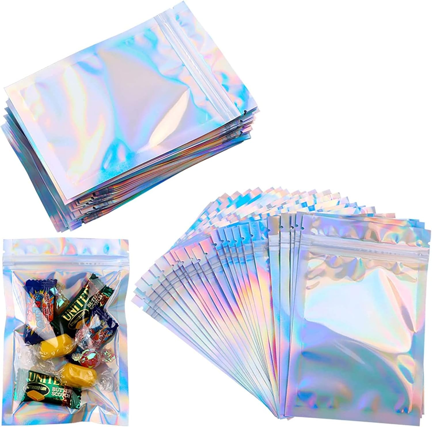 100PCS Resealable Rainbow Color Foil Ziplock Bags - Smell Proof & Holographic Packaging Bags for Food Storage, Coffee Beans, Candy, Jewelry, Lip Gloss - Ideal for Small Business (8 * 13Cm) image number 6