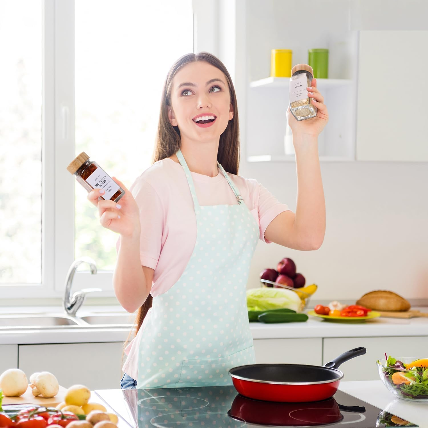 24Pcs Spice Jars,Glass Spice Jars with Labels,120 ML Square Spice Containers with Acacia Wood Lids,Kitchen Spice Jars with Shaker Lids for Spice Rack, Cabinet or Drawer image number 2