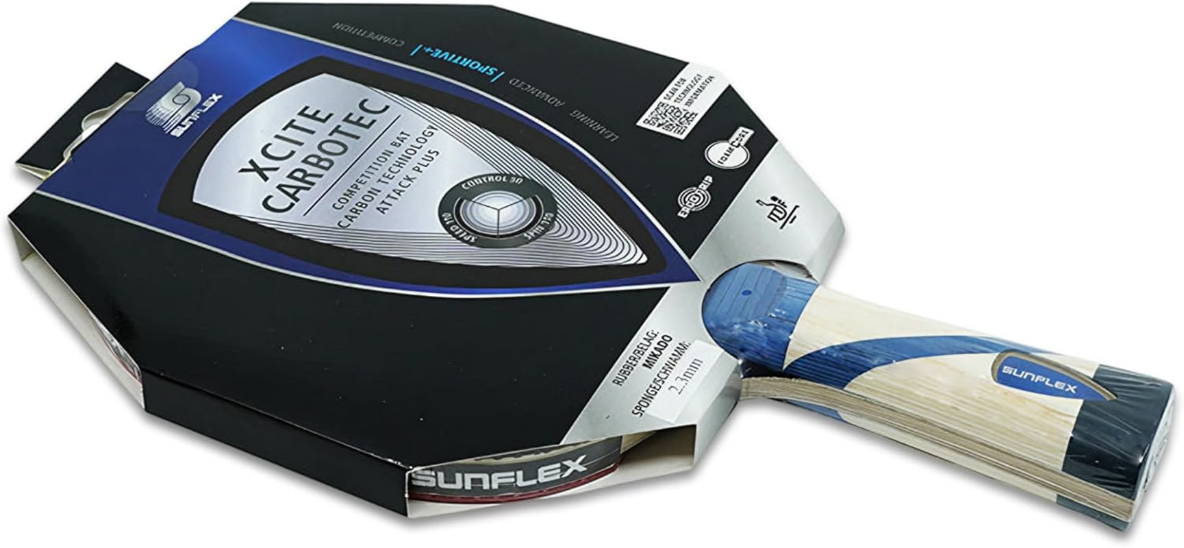 SUNFLEX Xcite C45 Carbotec Table Tennis Bat, Competition Level Bat, with Carbon Power Blade & Foam Core Grip for Precision Control, ITTF Approved Mikado Rubber & 2.3Mm Sponge