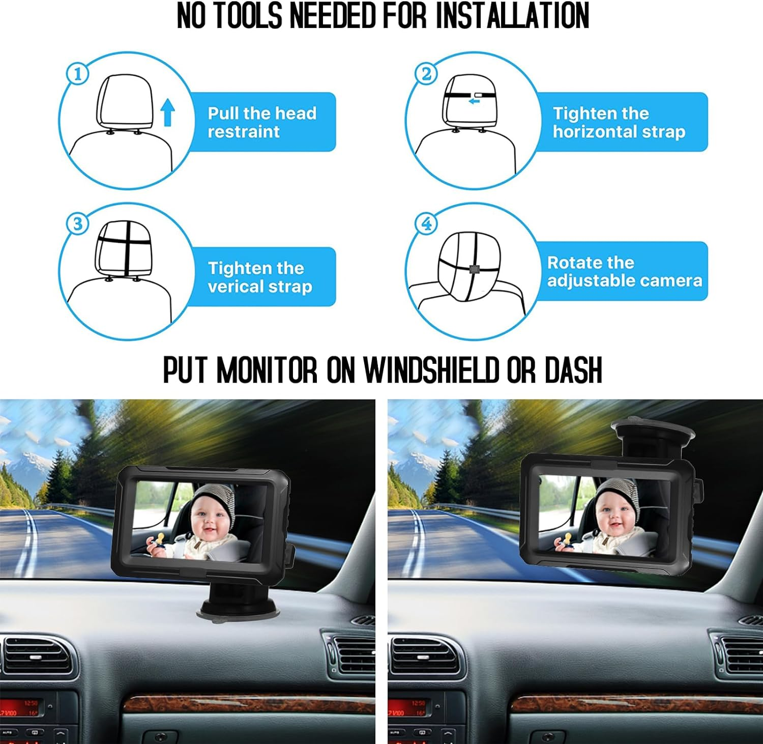 Baby Car Mirror, 1080P Baby Monitor with Camera Baby Car Mirror with 4.3'' IPS Screen Function Adjustable Wide View Angle for Infants Kids Pets