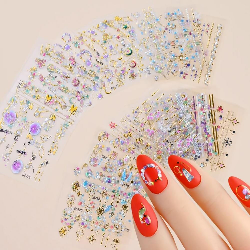 30 Pcs Nail Stickers Moon Star Heart Self Adhesive Nail Charms Stickers Nail Art Design image number 3